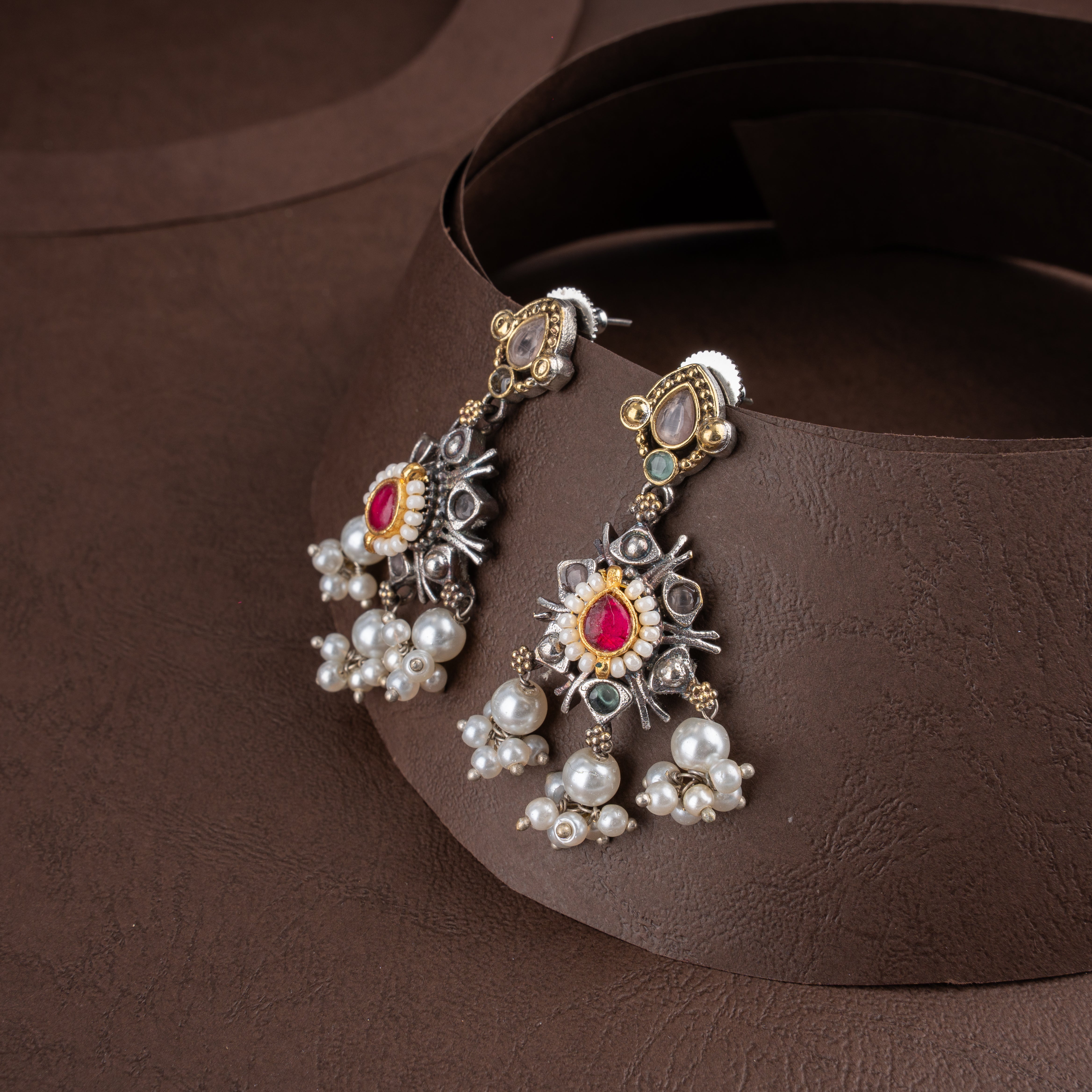 Oxidised Silver Peacock Teardrop Hasli Necklace Set with Pearl Drops