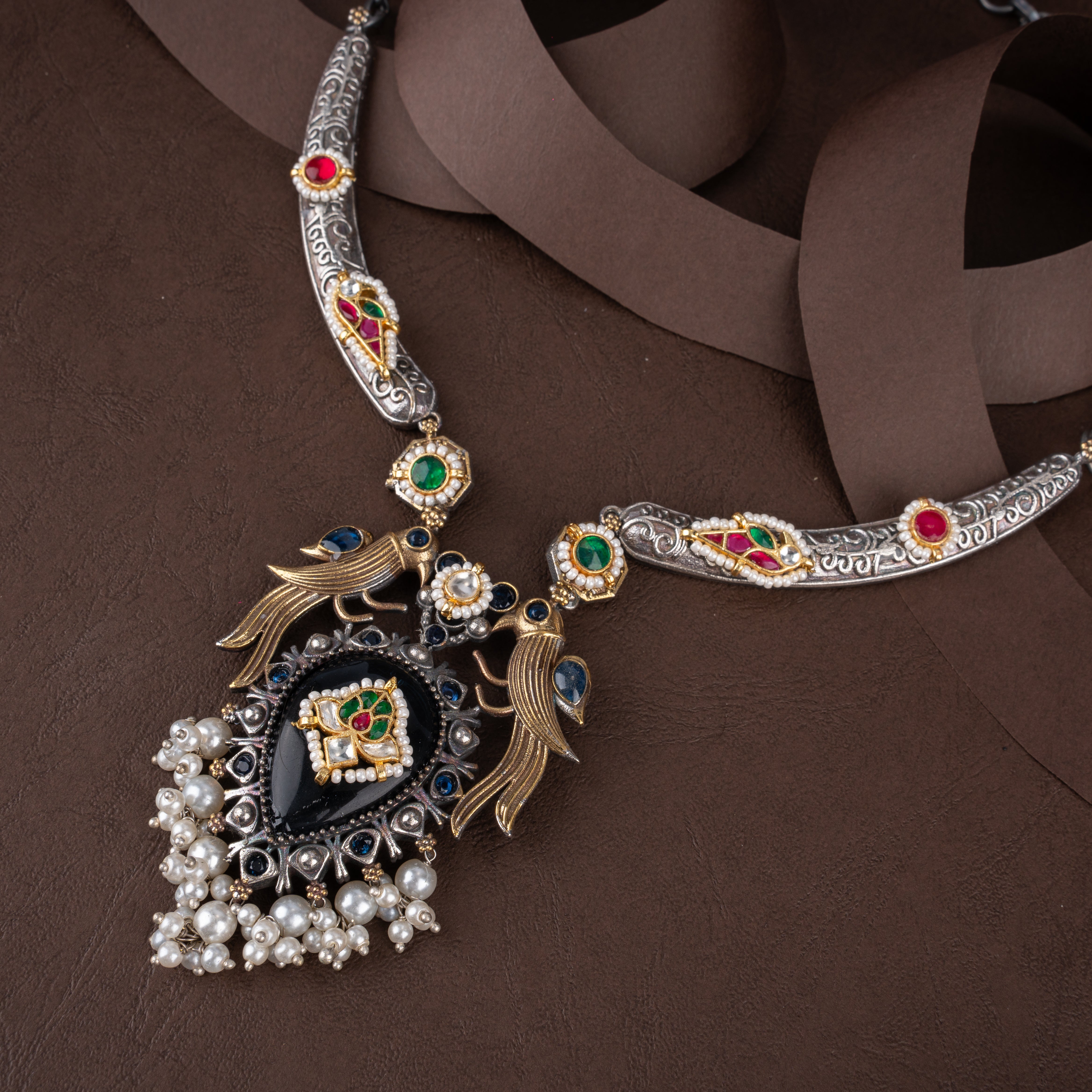 Oxidised Silver Peacock Teardrop Hasli Necklace Set with Pearl Drops