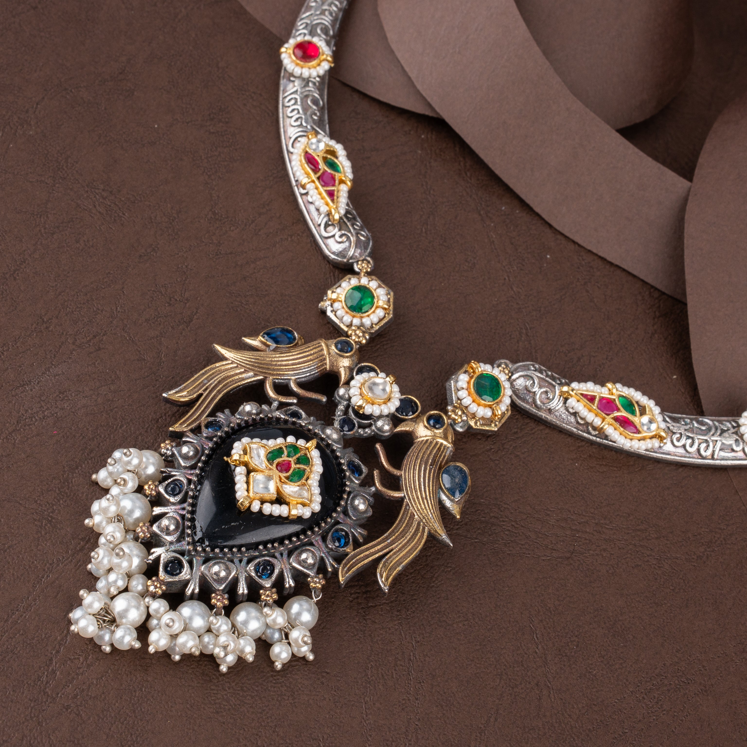 Oxidised Silver Peacock Teardrop Hasli Necklace Set with Pearl Drops