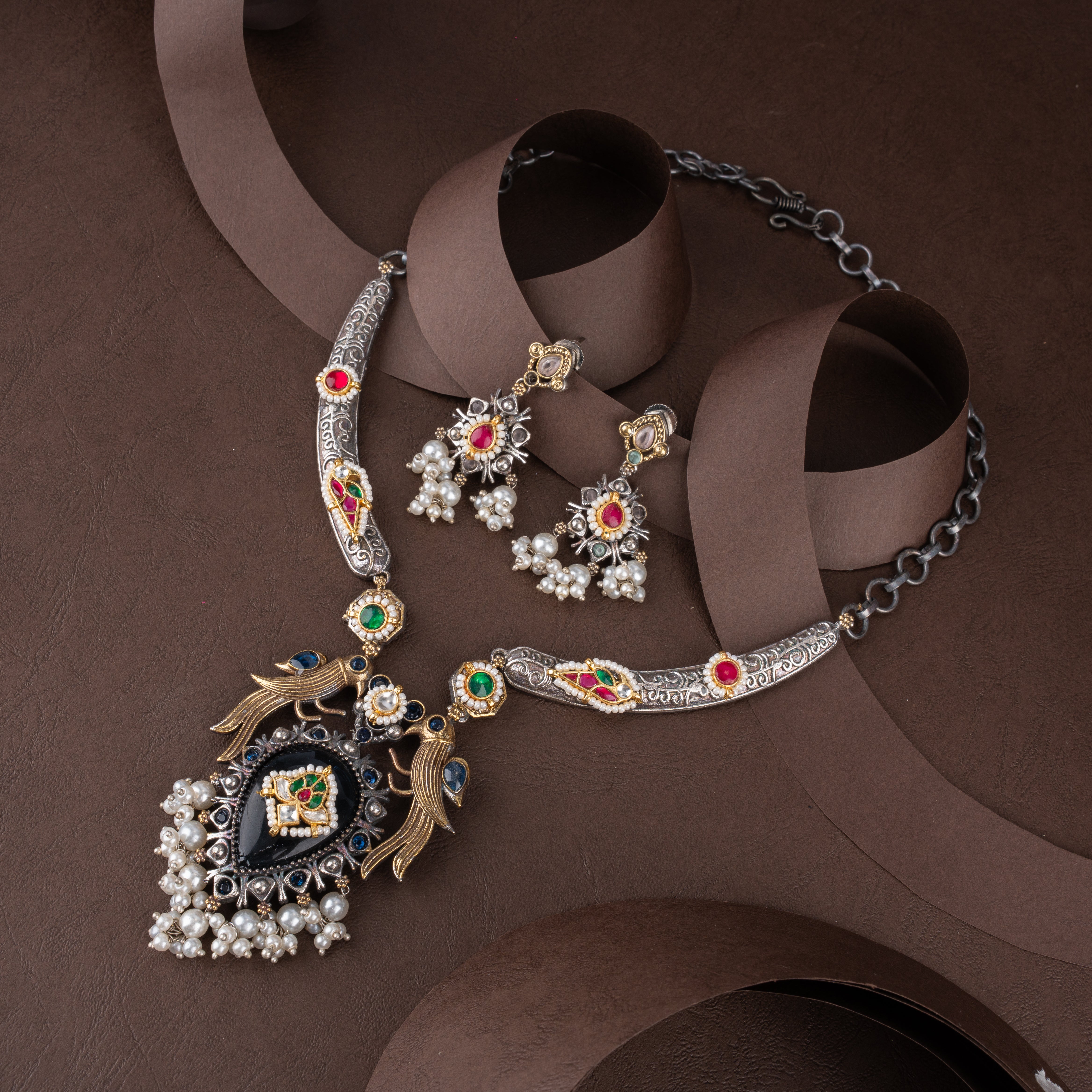 Oxidised Silver Peacock Teardrop Hasli Necklace Set with Pearl Drops