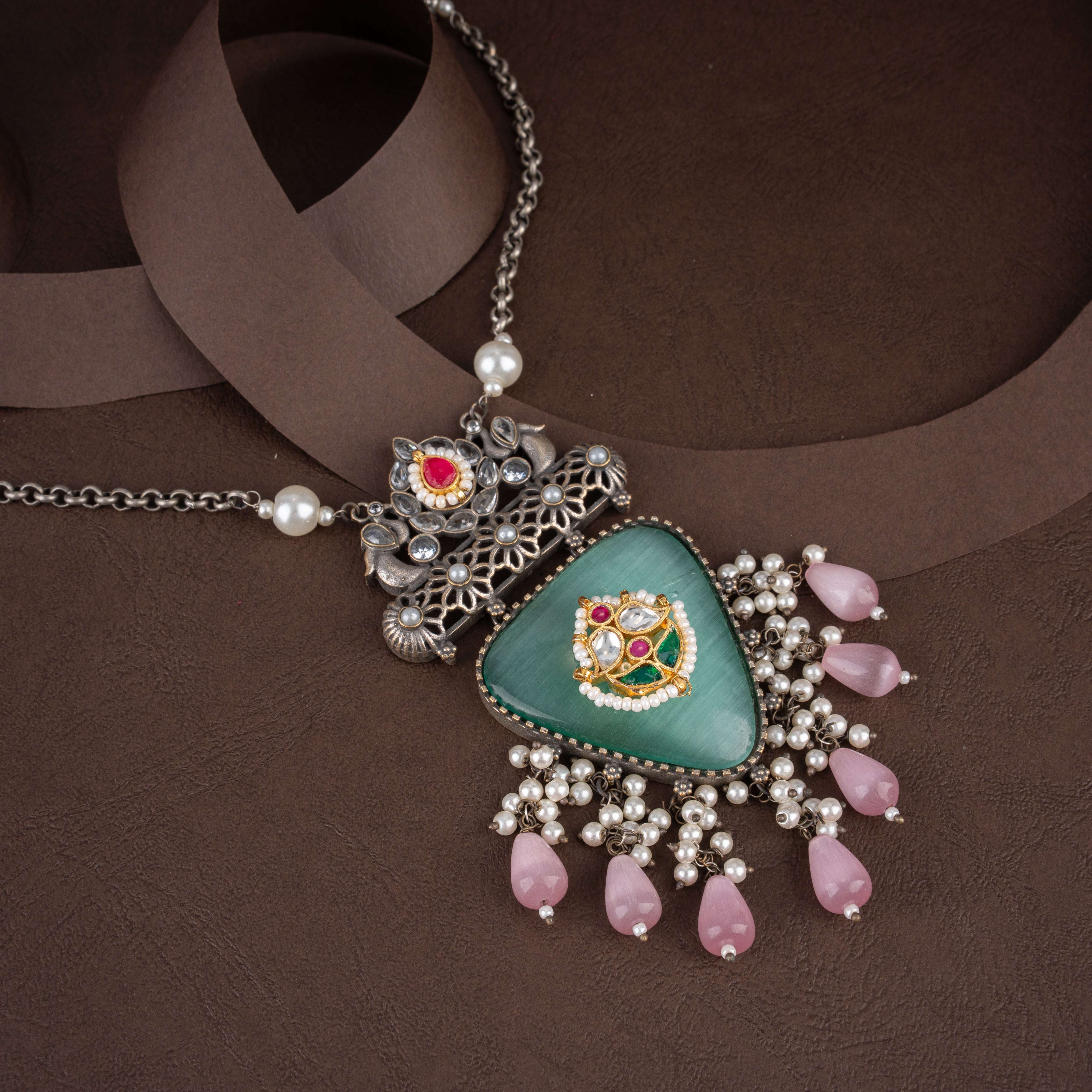 Oxidised Silver Triangular Stone Pendant Necklace Set with Pearl Drops