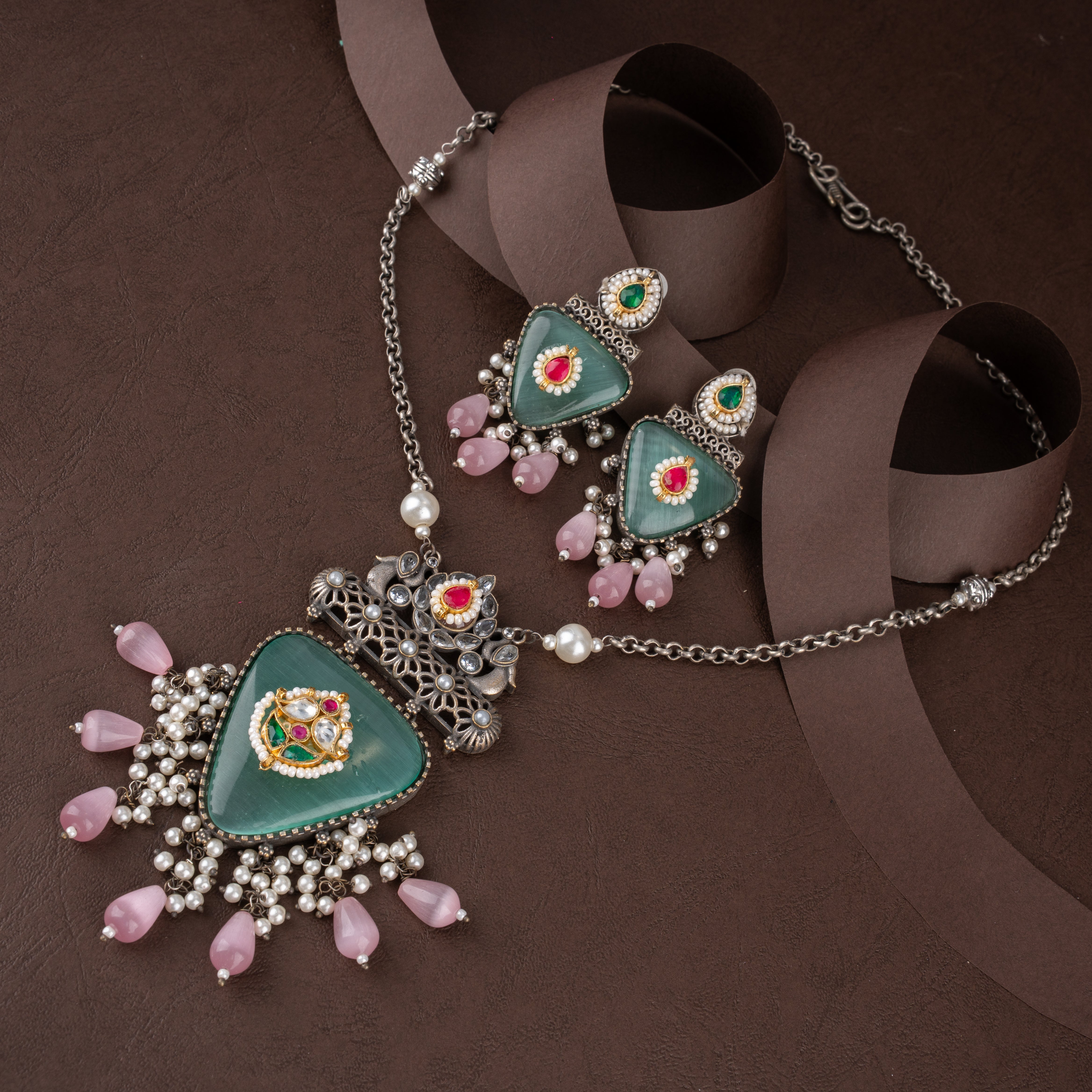 Oxidised Silver Triangular Stone Pendant Necklace Set with Pearl Drops