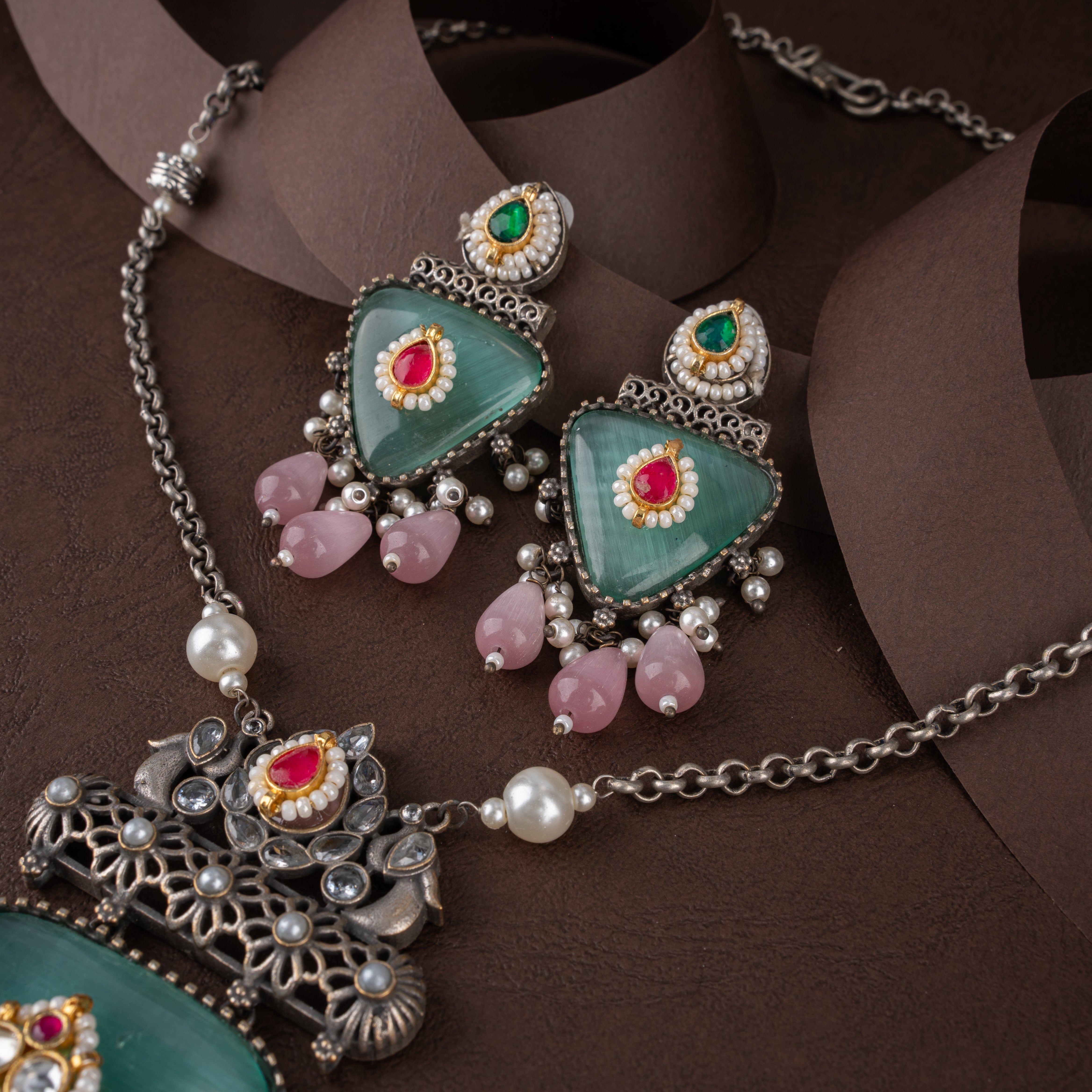 Oxidised Silver Triangular Stone Pendant Necklace Set with Pearl Drops
