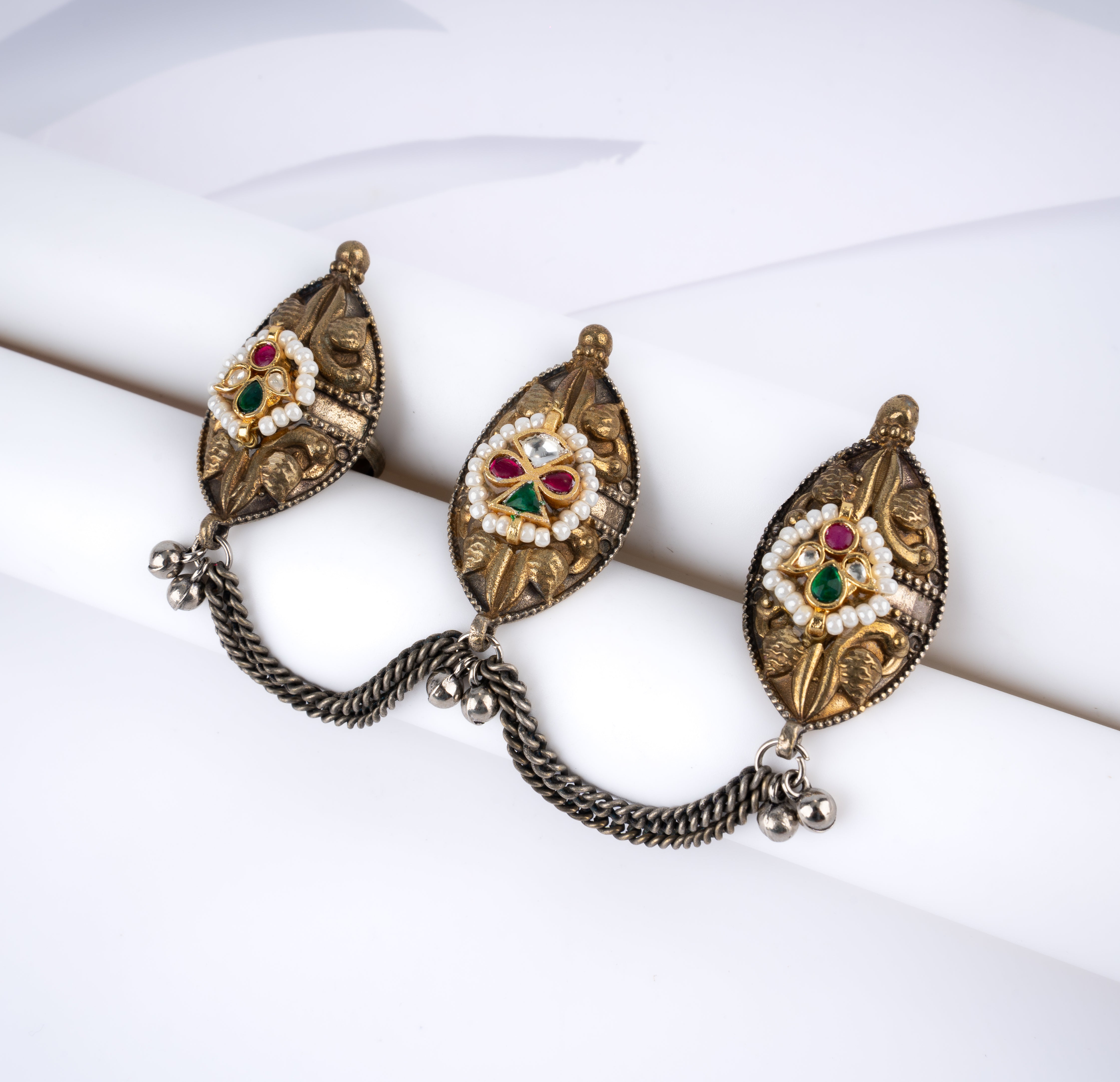 Antique Gold Kundan Pearl Marquise Three Finger Chain Ring