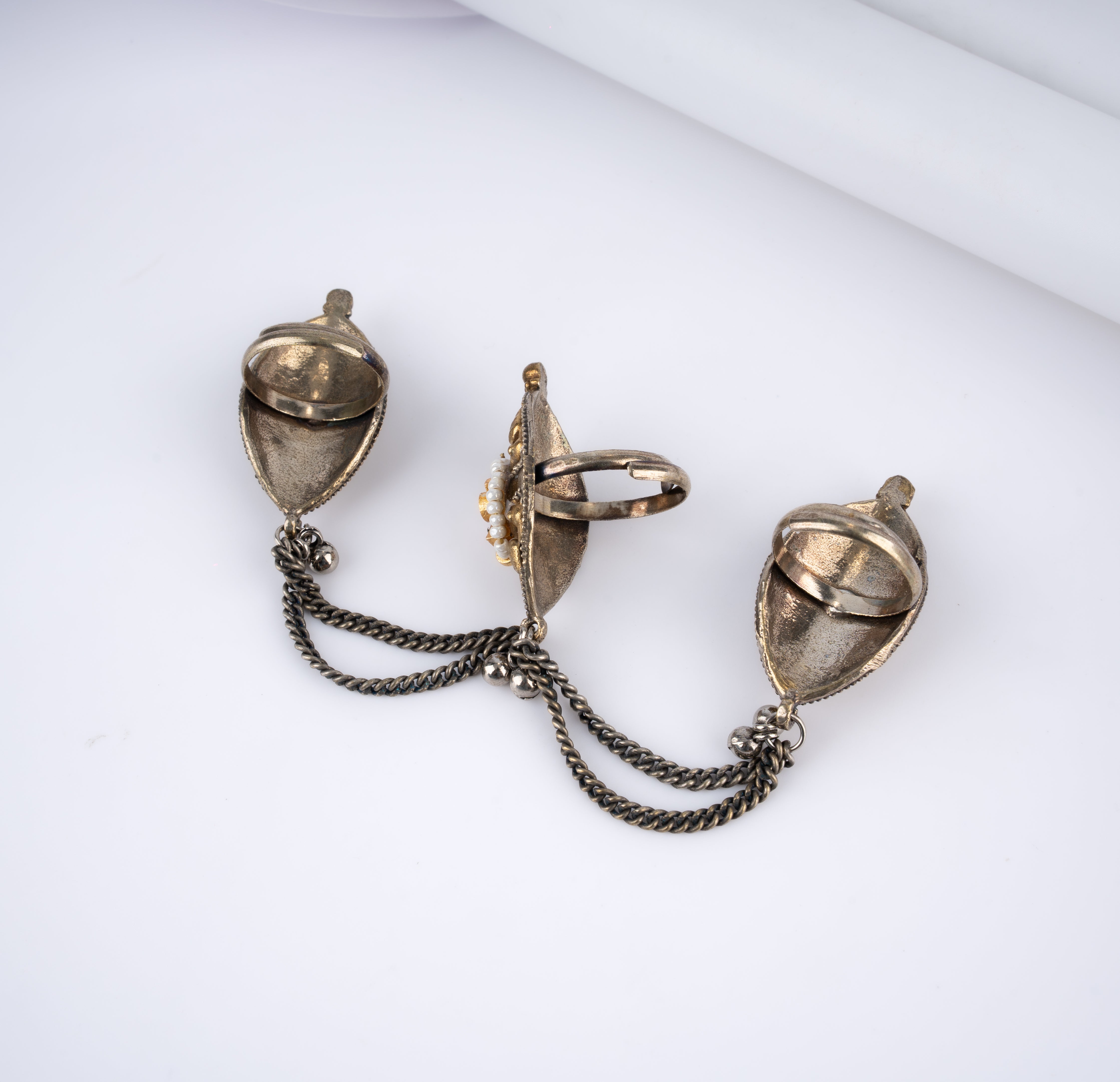 Antique Gold Kundan Pearl Marquise Three Finger Chain Ring