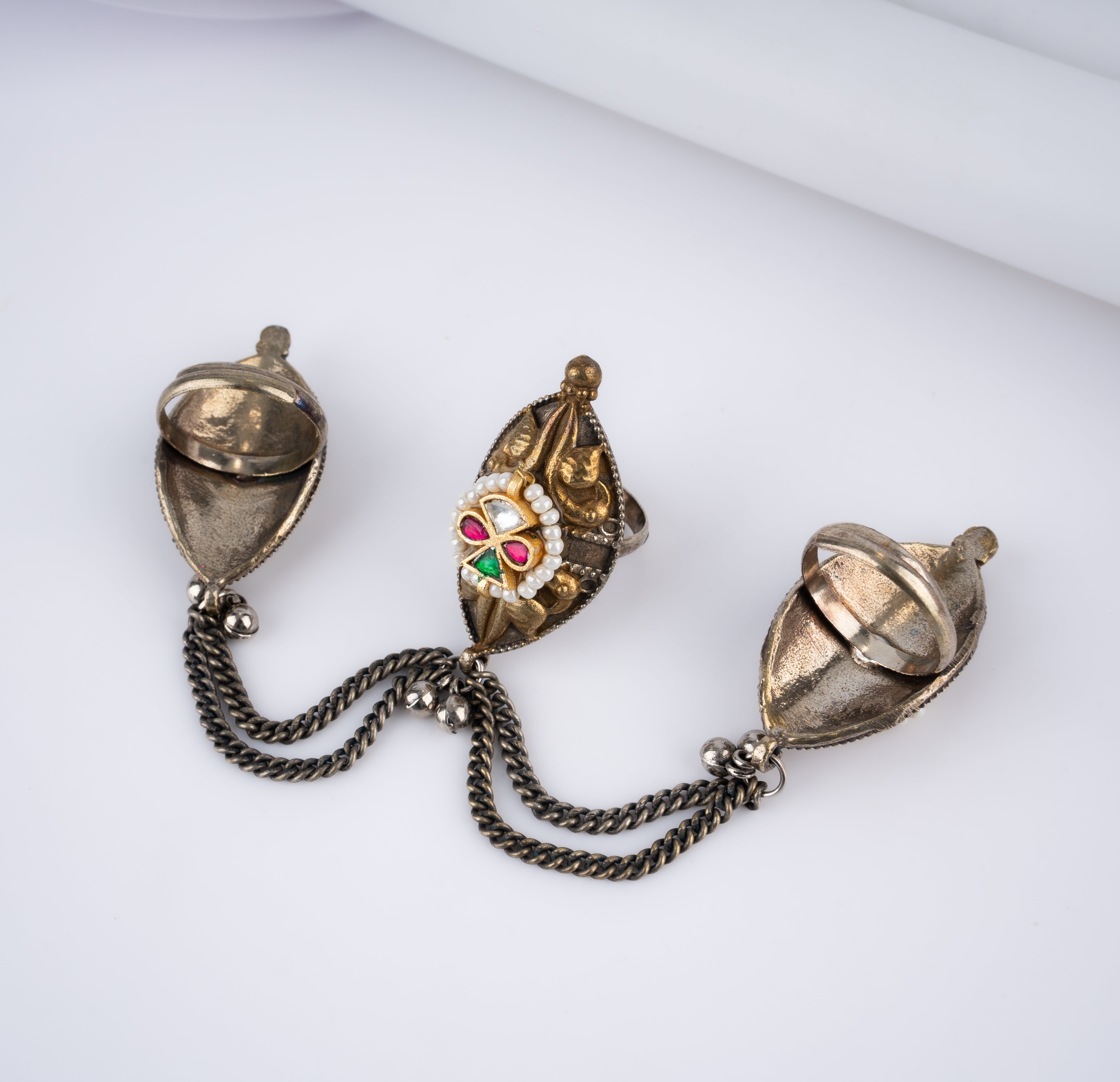 Antique Gold Kundan Pearl Marquise Three Finger Chain Ring