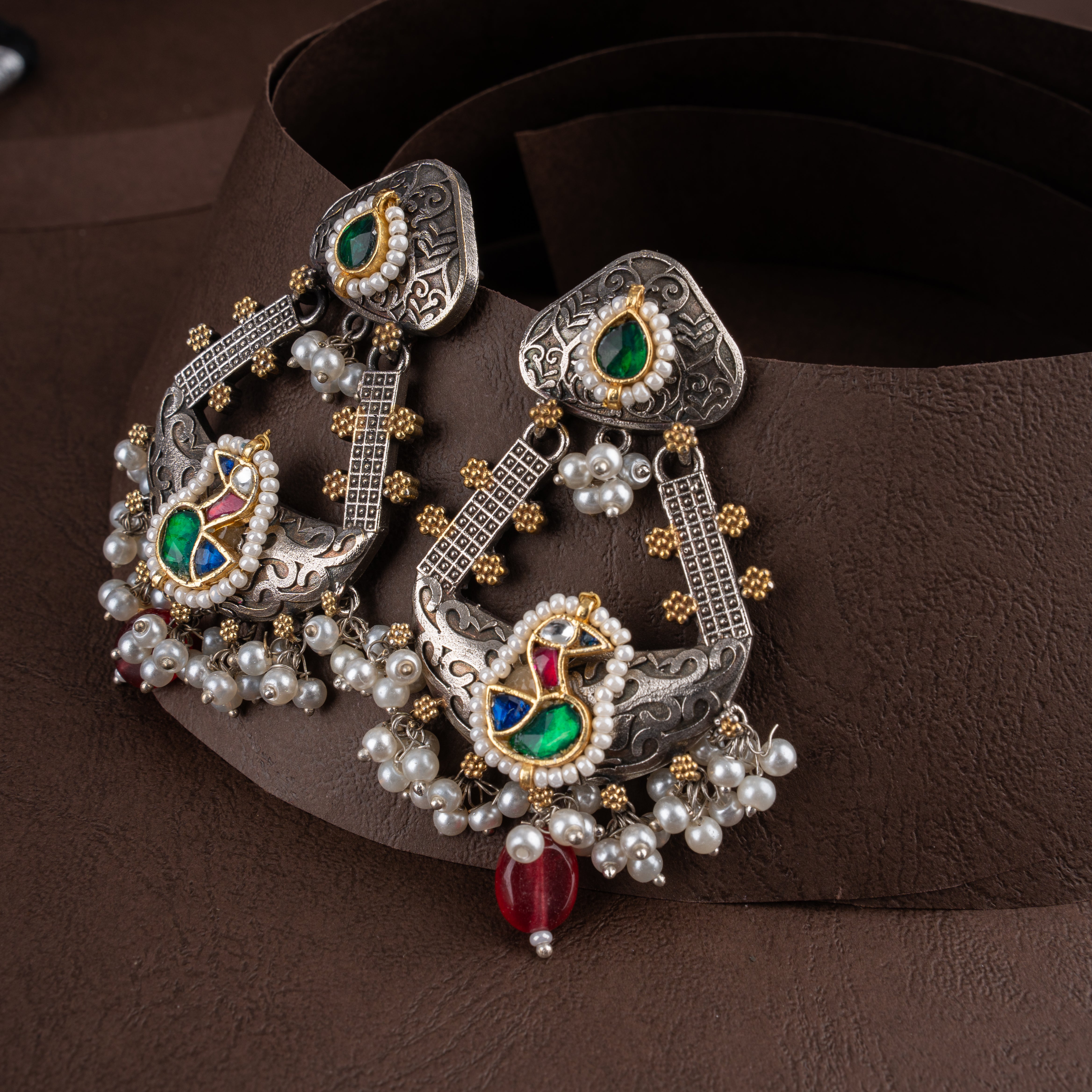 Dual-Tone Oxidised Silver Tribal Peacock Choker Necklace Set with Bead Drops