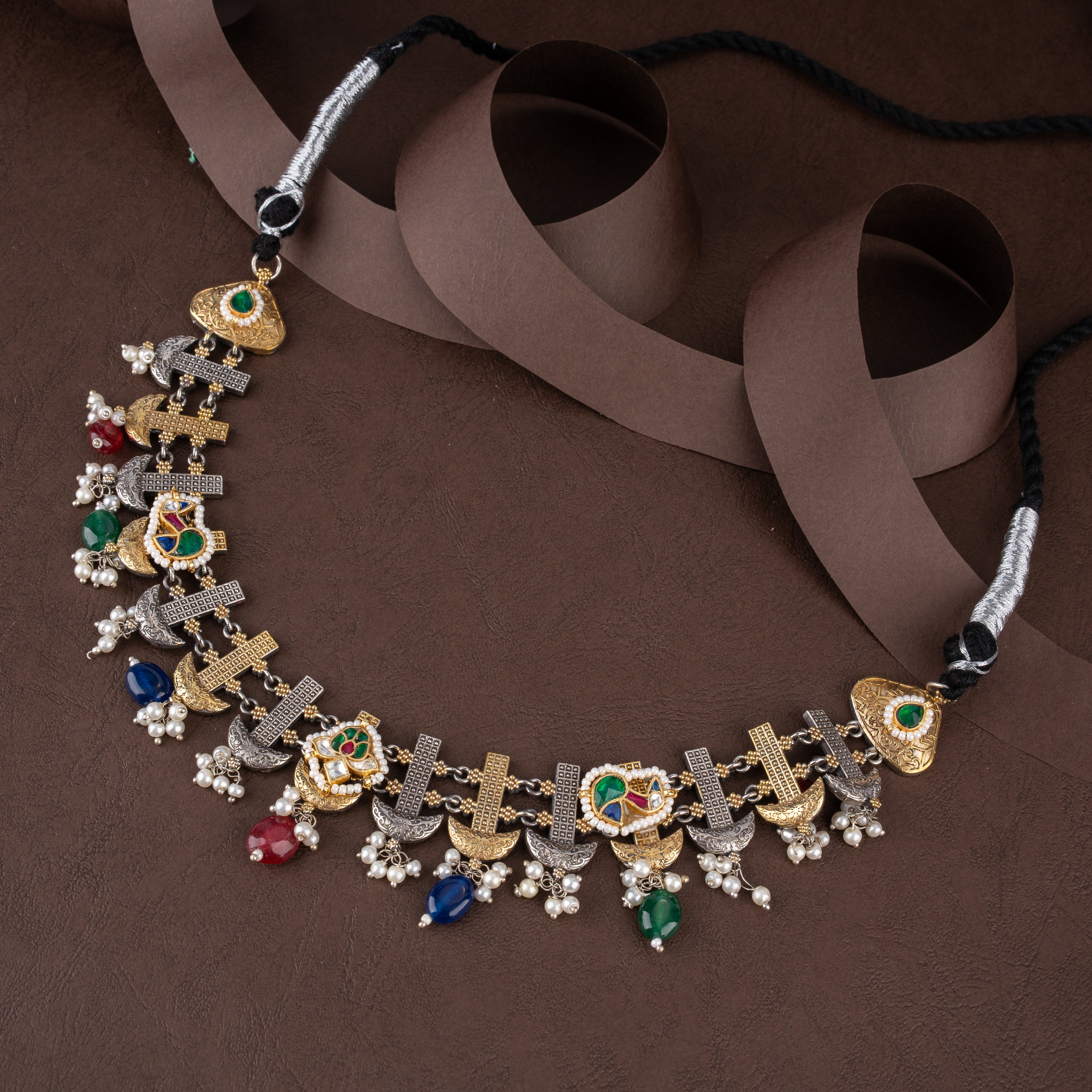 Dual-Tone Oxidised Silver Tribal Peacock Choker Necklace Set with Bead Drops