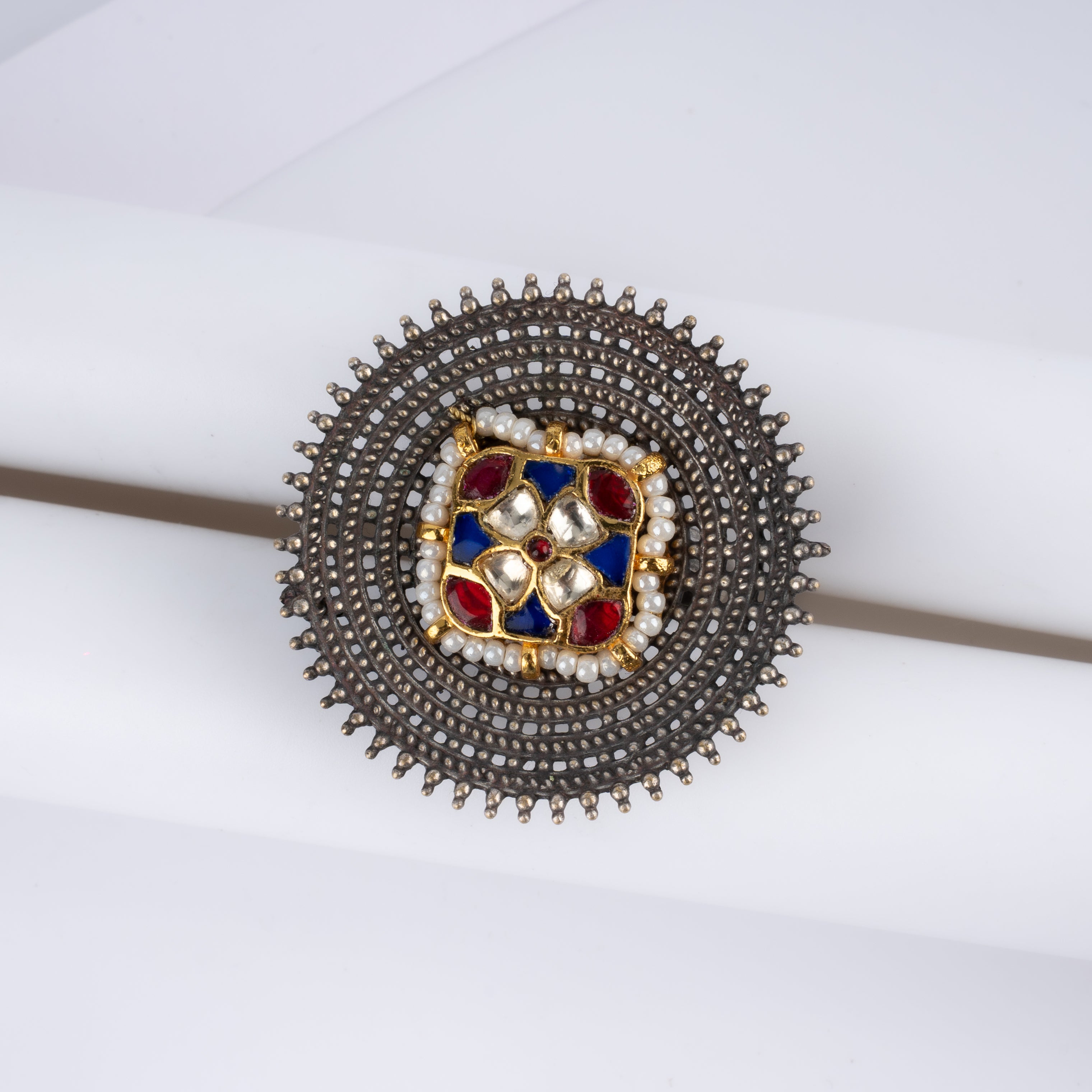 Dual Tone Oversized Mandala Kundan Meenakari Statement Ring