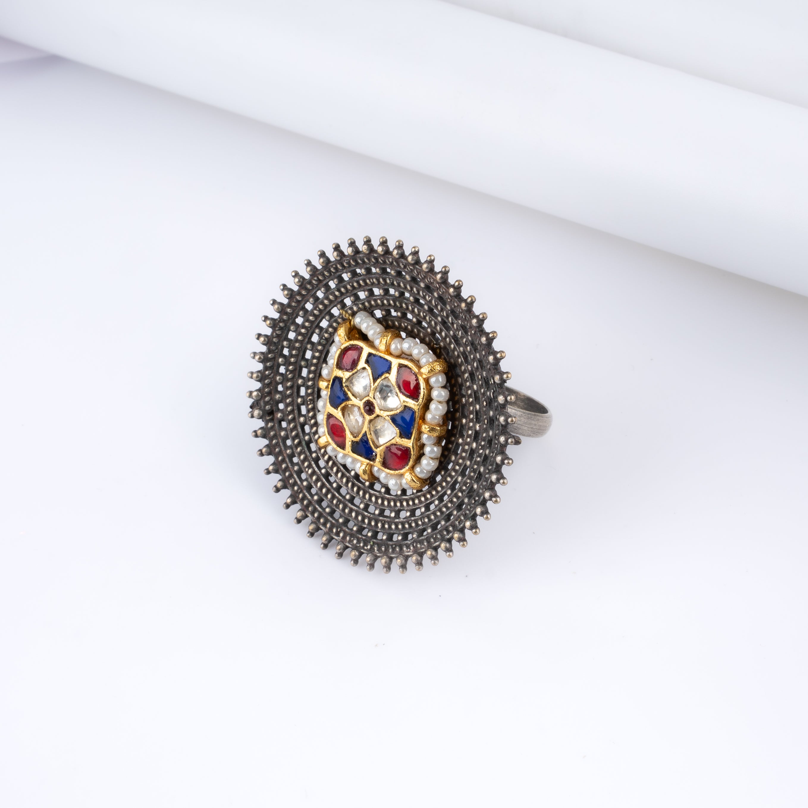 Dual Tone Oversized Mandala Kundan Meenakari Statement Ring