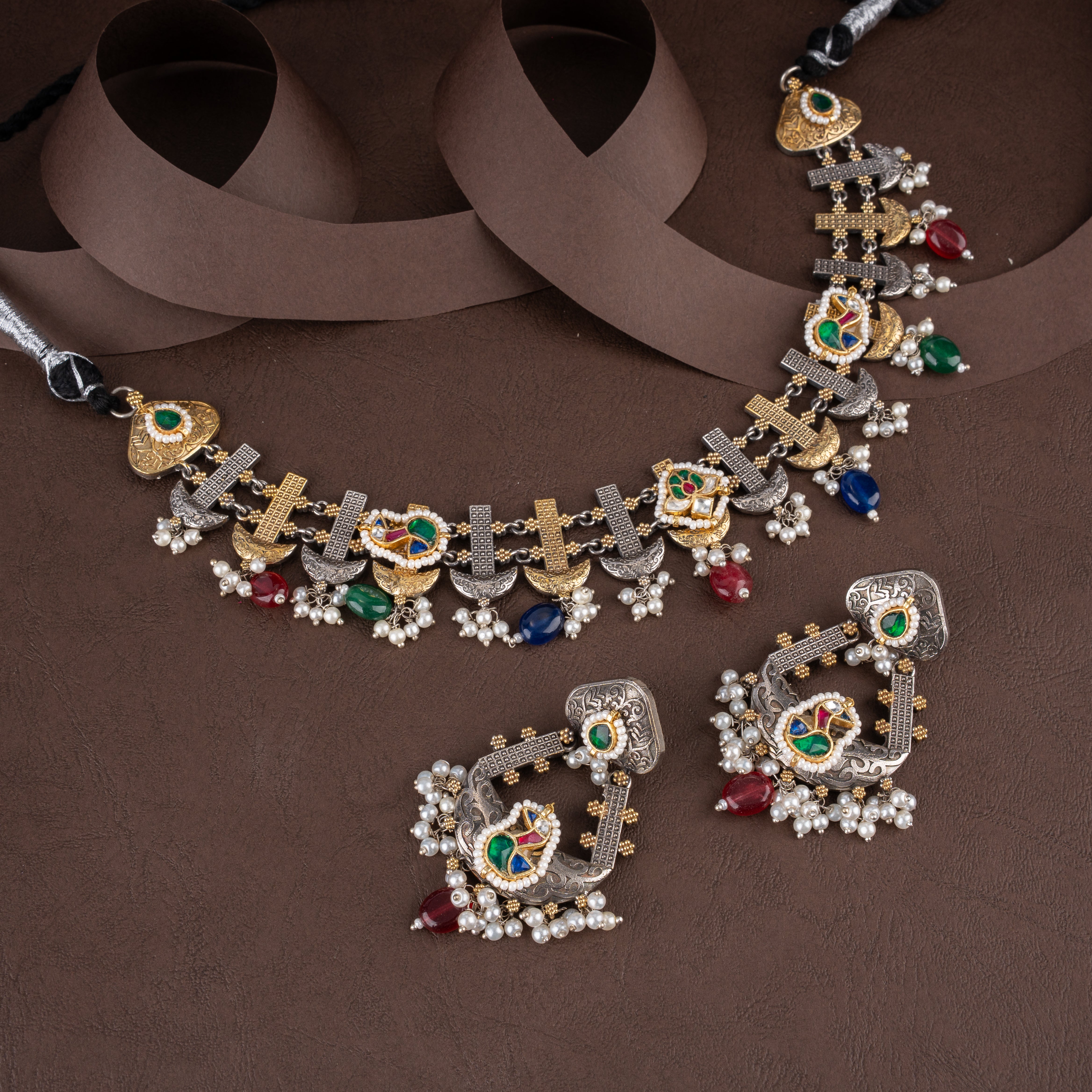 Dual-Tone Oxidised Silver Tribal Peacock Choker Necklace Set with Bead Drops