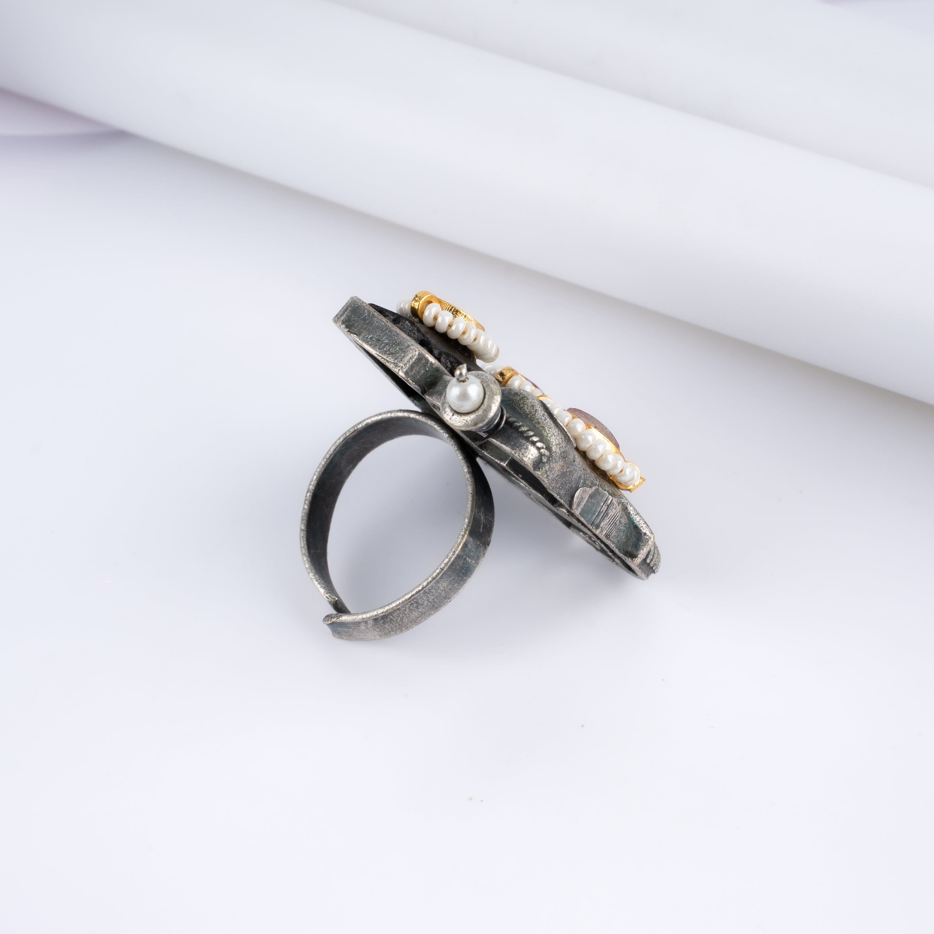 Oxidised Silver Ruby Kundan Pearl Ghungroo Statement Ring