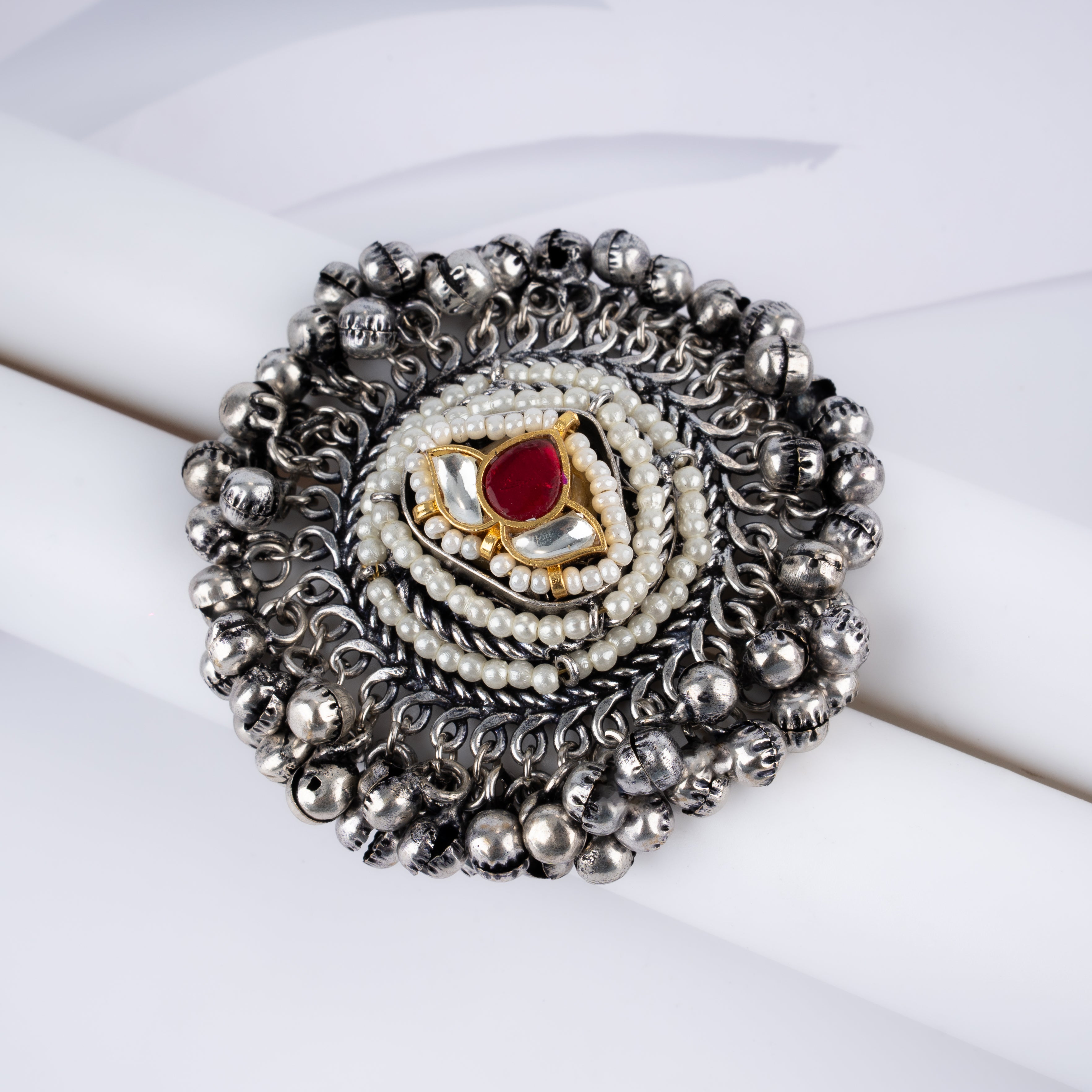Oxidised Silver Ruby Kundan Pearl Ghungroo Statement Ring