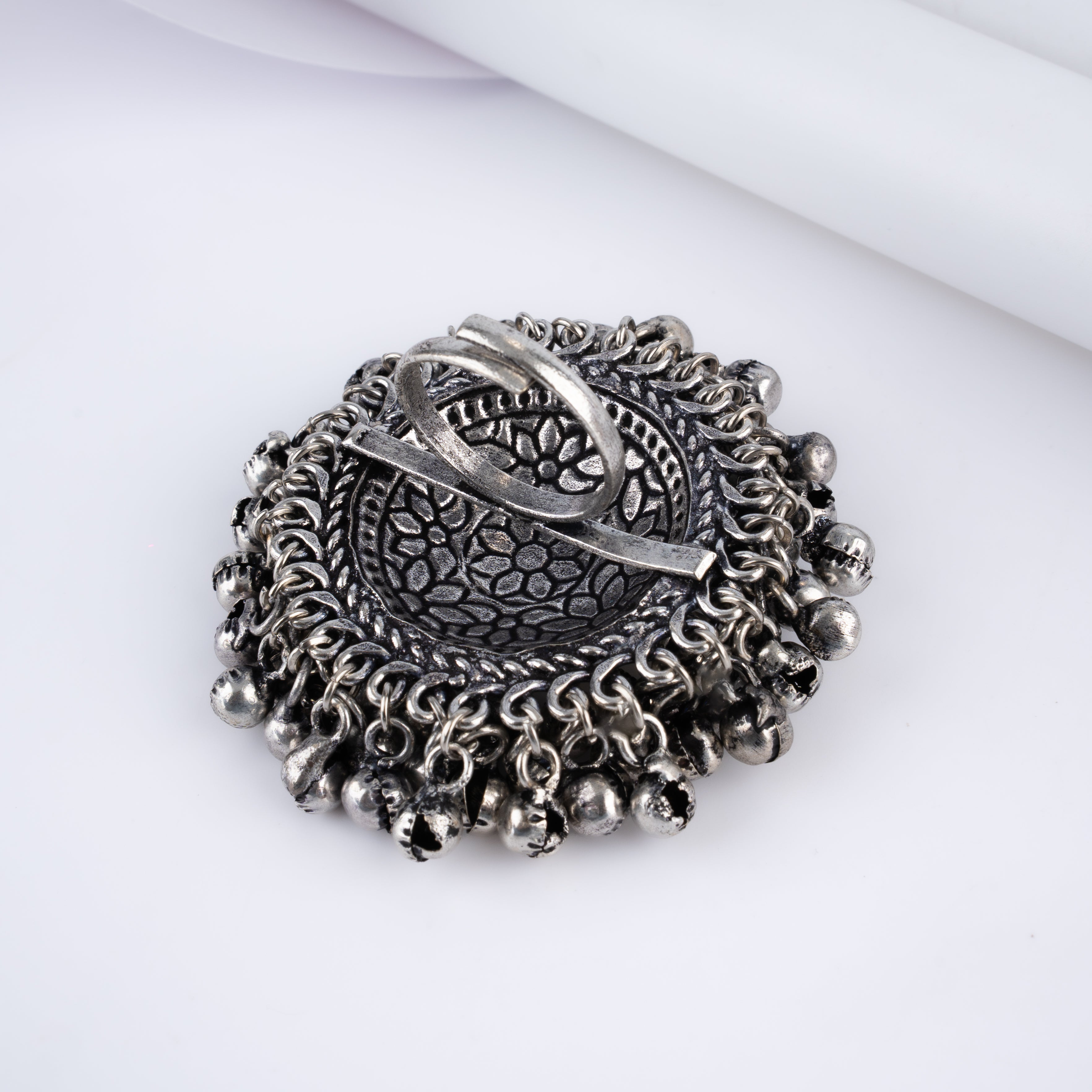 Oxidised Silver Ruby Kundan Pearl Ghungroo Statement Ring