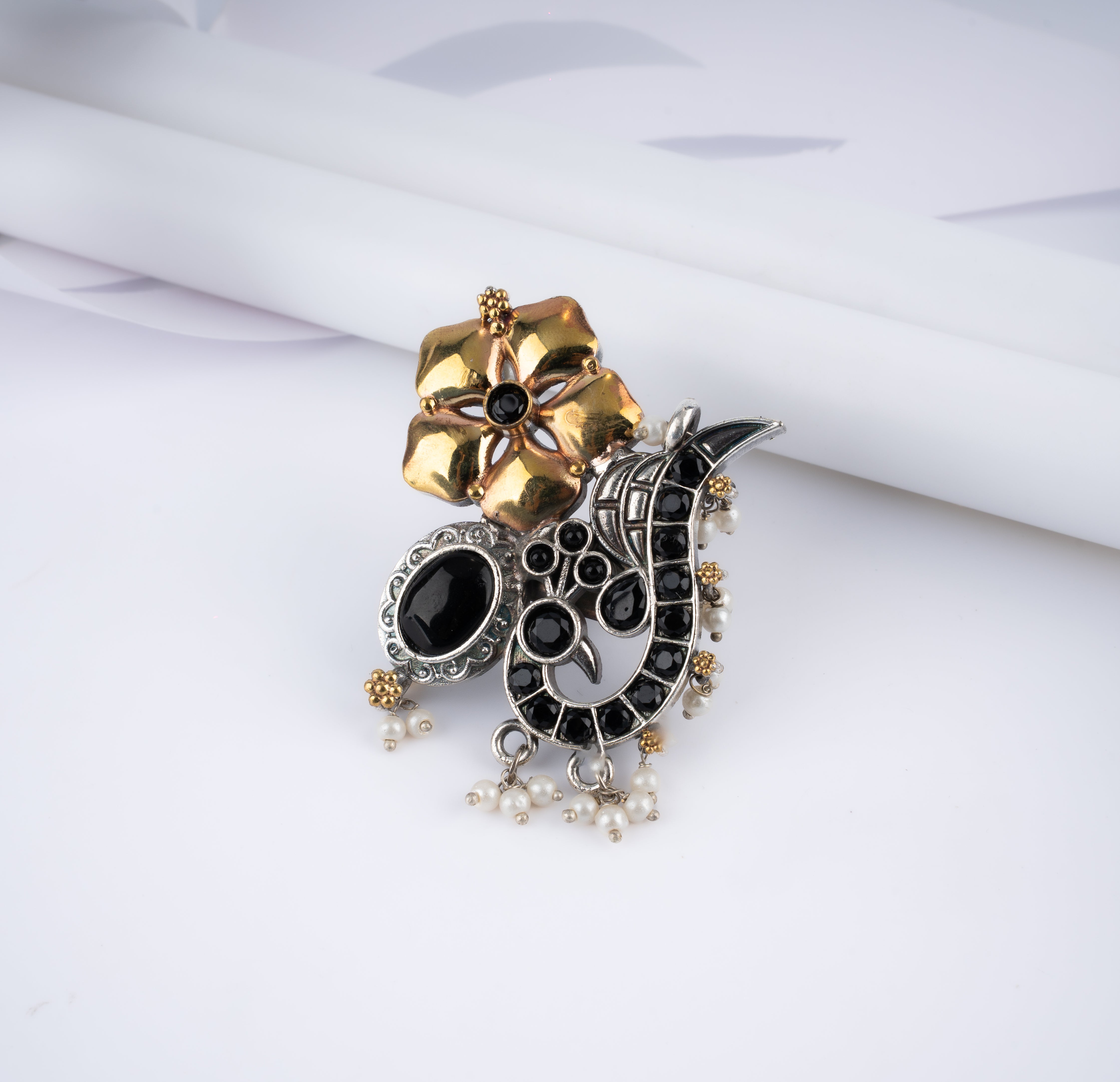 Dual Tone Royal Peacock Floral Pearl Statement Ring