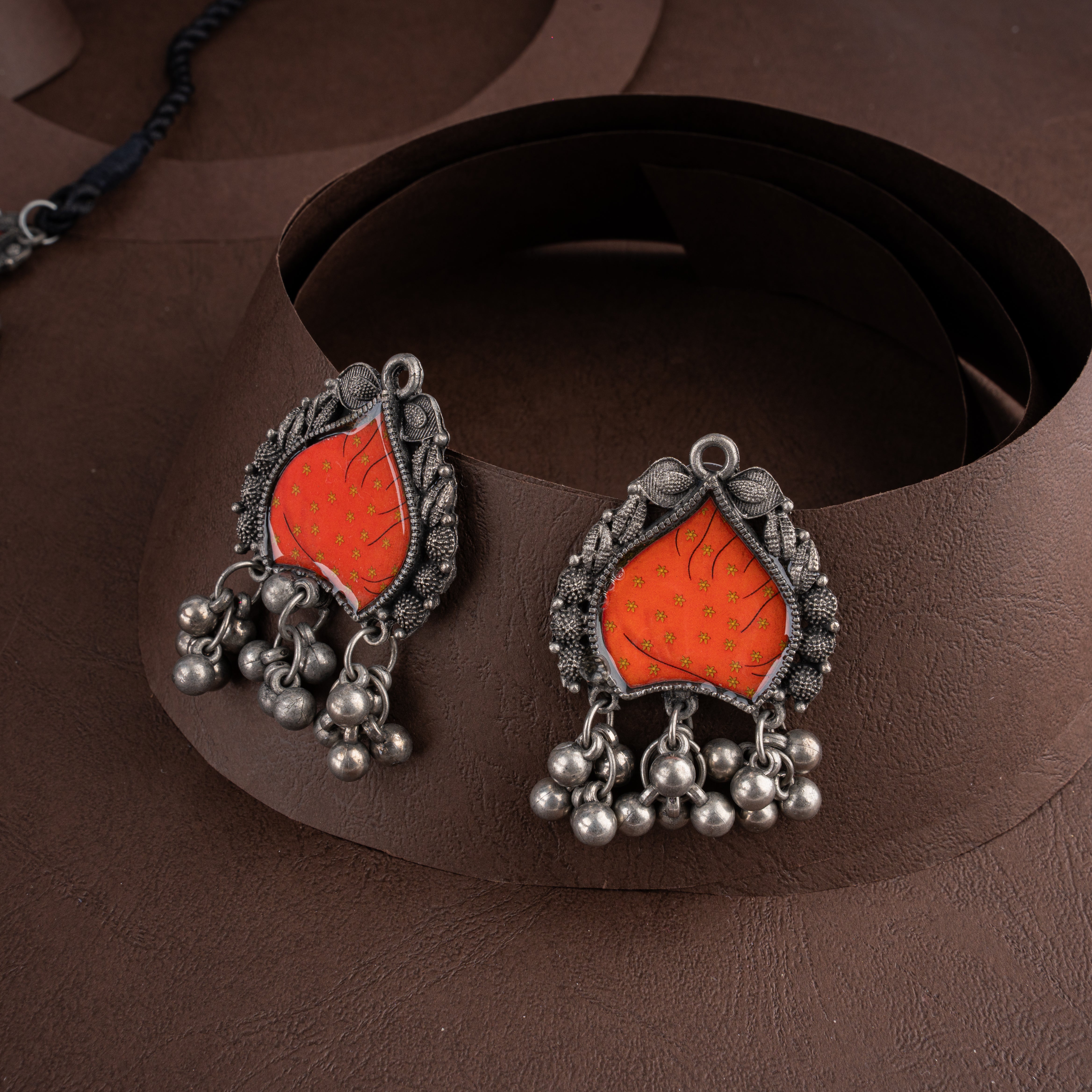 Oxidised Silver Hand-Painted Orange Royal Portrait Choker Set with Ghungroos