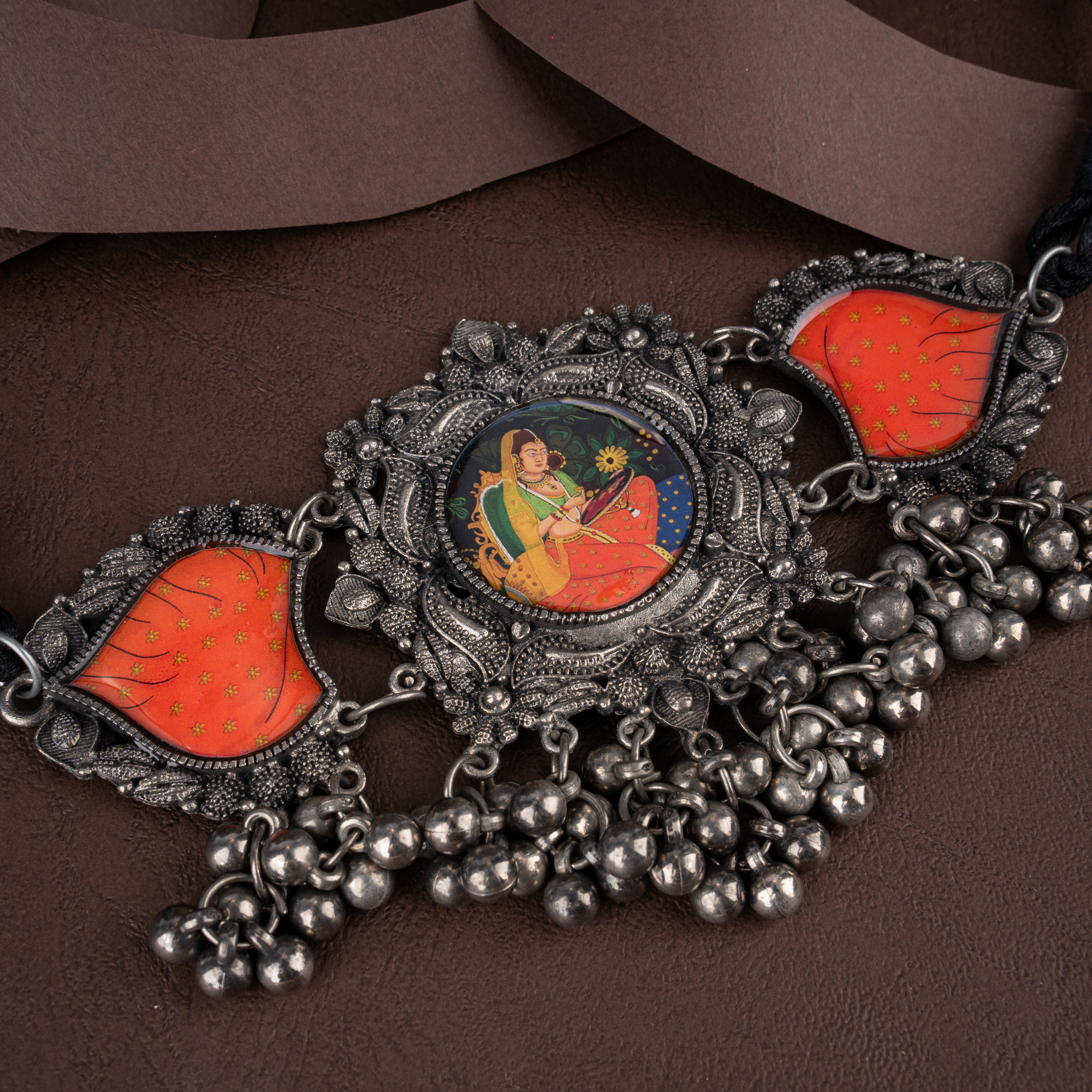 Oxidised Silver Hand-Painted Orange Royal Portrait Choker Set with Ghungroos