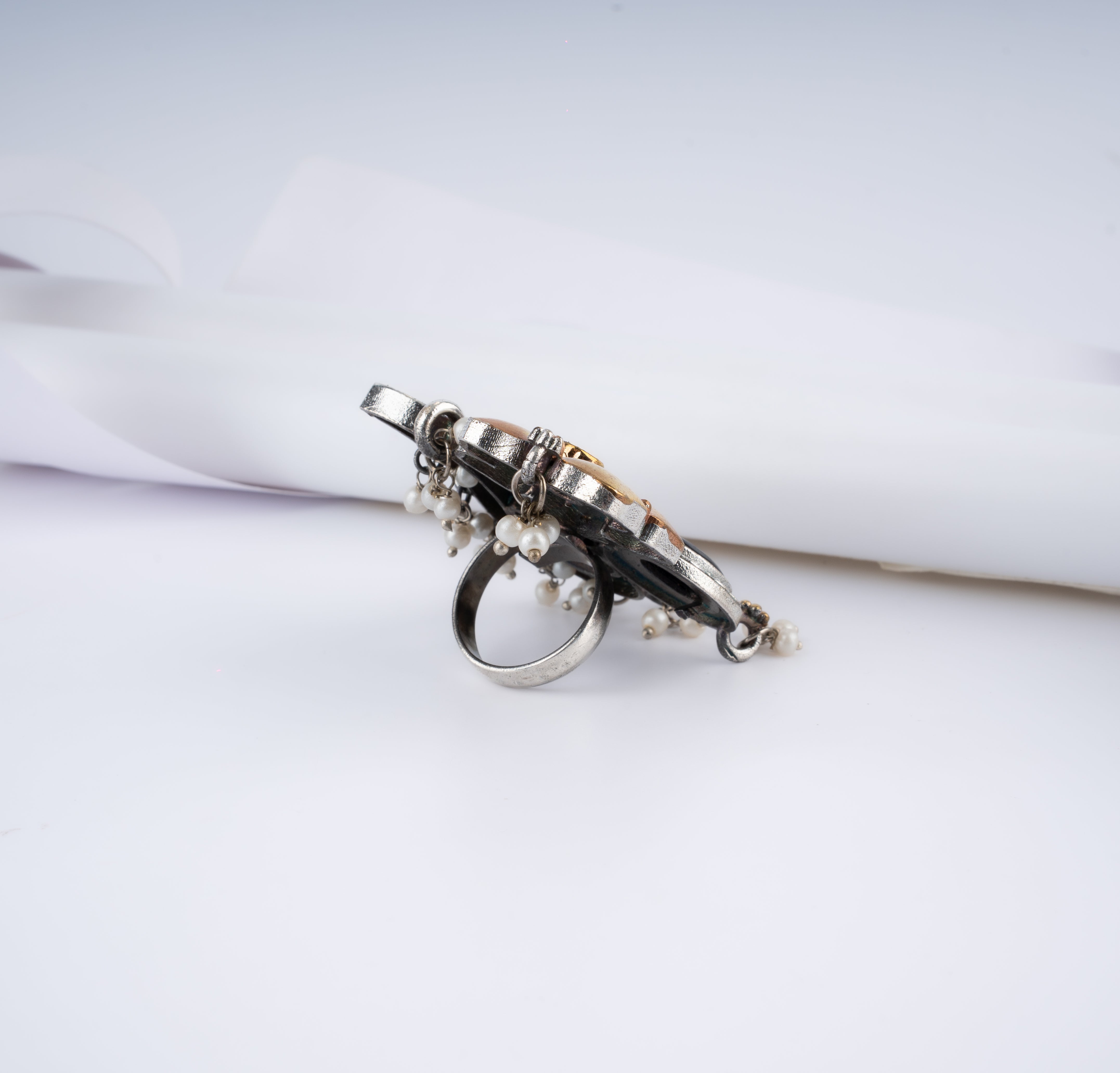 Dual Tone Royal Peacock Floral Pearl Statement Ring
