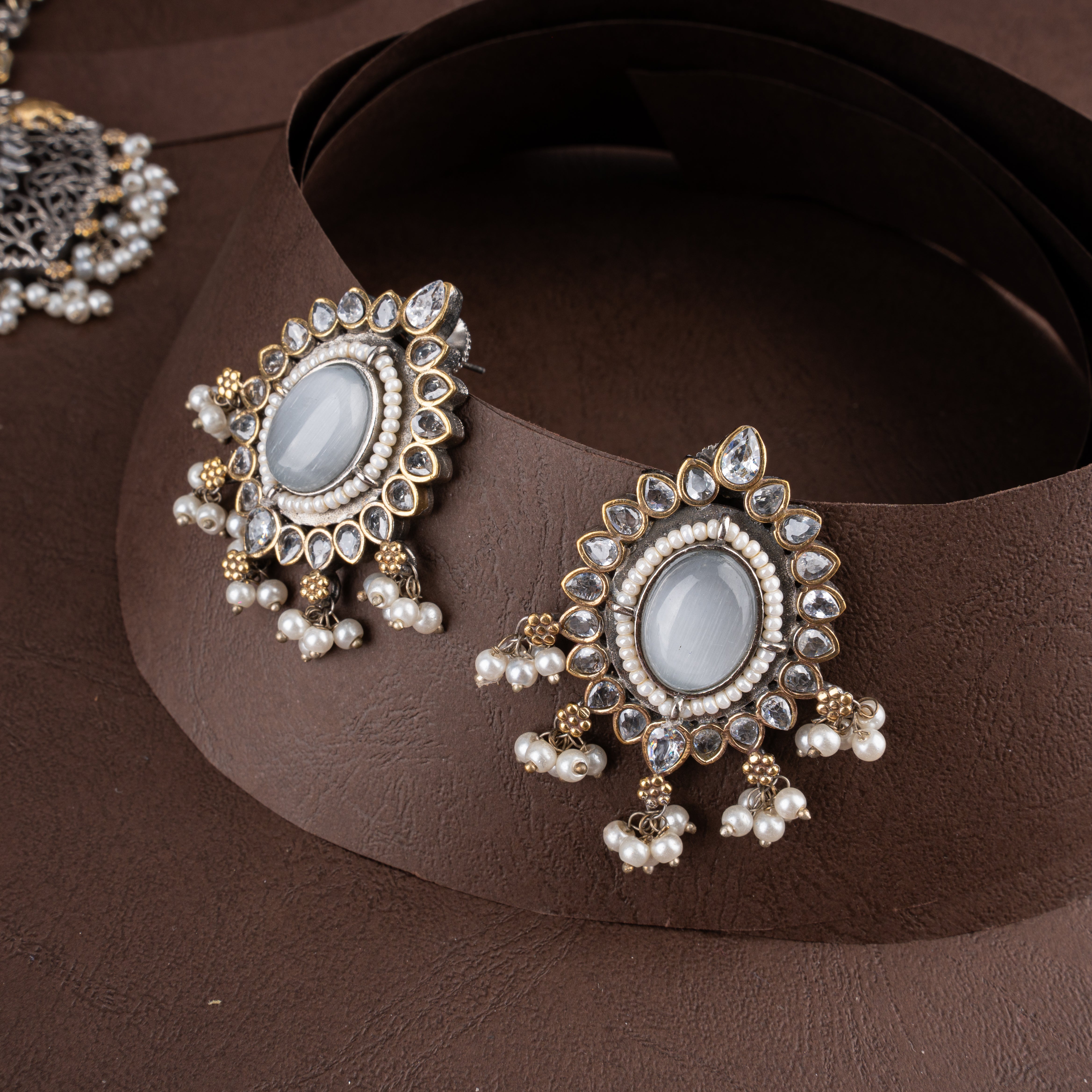 Dual-Tone Oxidised Silver Elephant Choker Necklace Set with White Stone & Pearl Drops