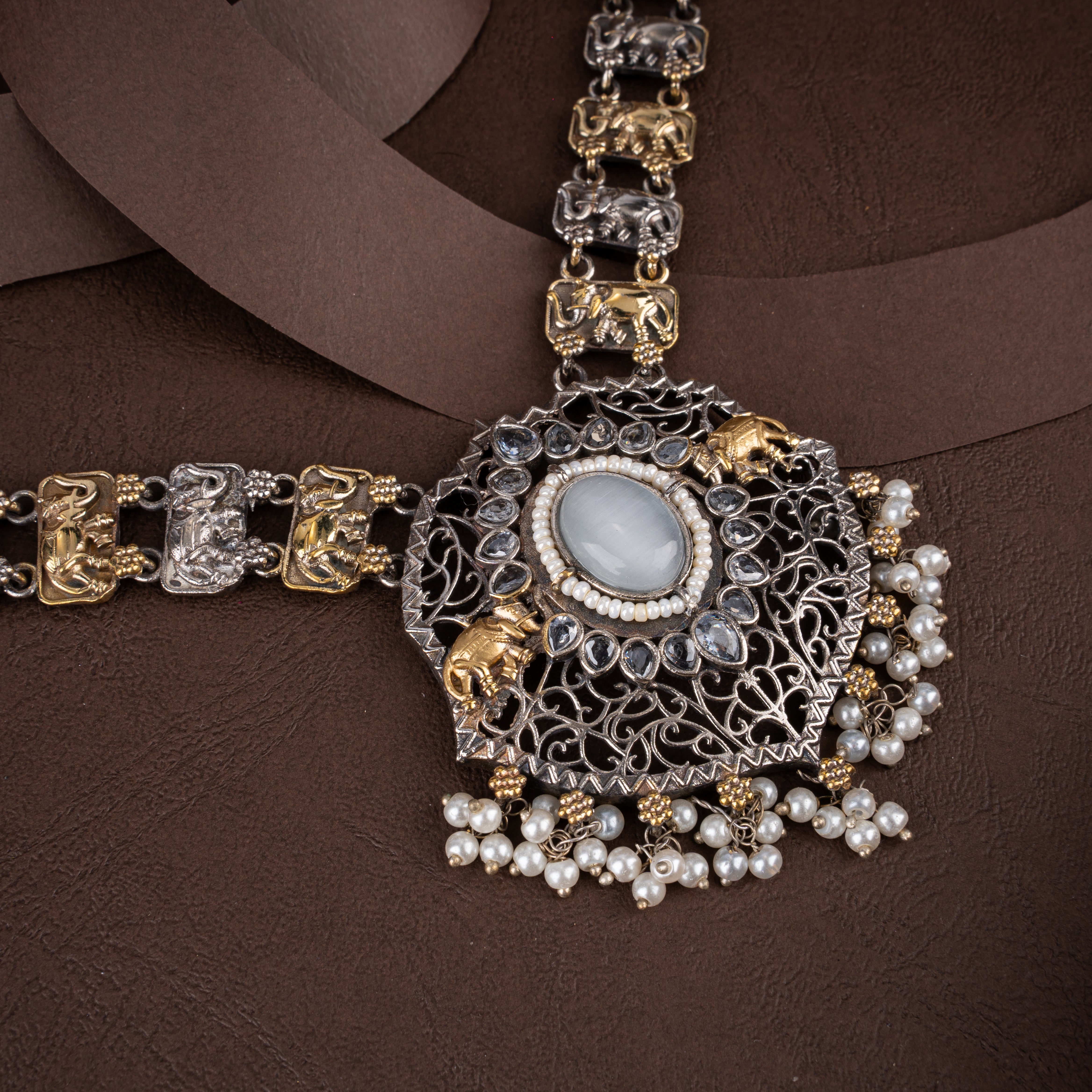 Dual-Tone Oxidised Silver Elephant Choker Necklace Set with White Stone & Pearl Drops