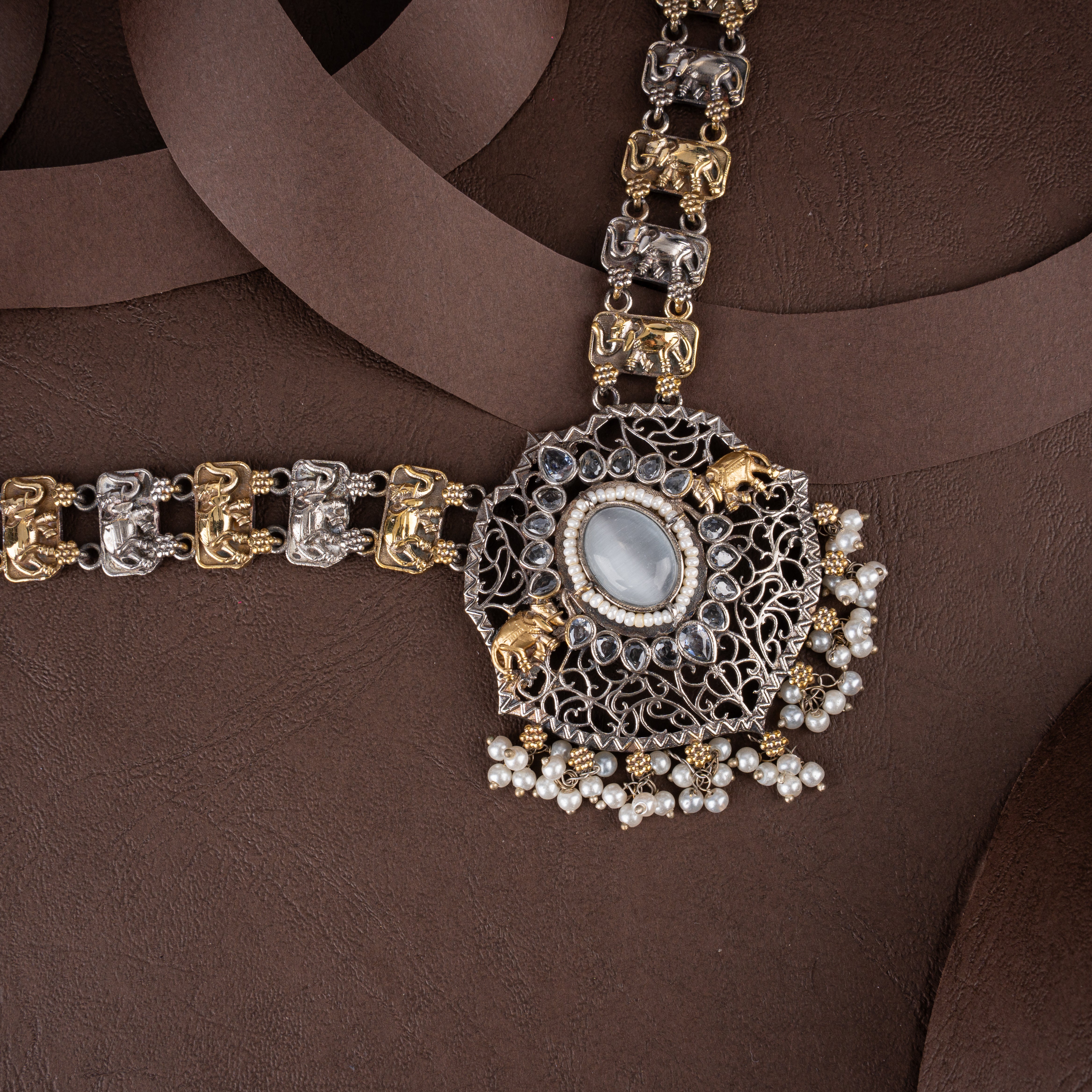 Dual-Tone Oxidised Silver Elephant Choker Necklace Set with White Stone & Pearl Drops