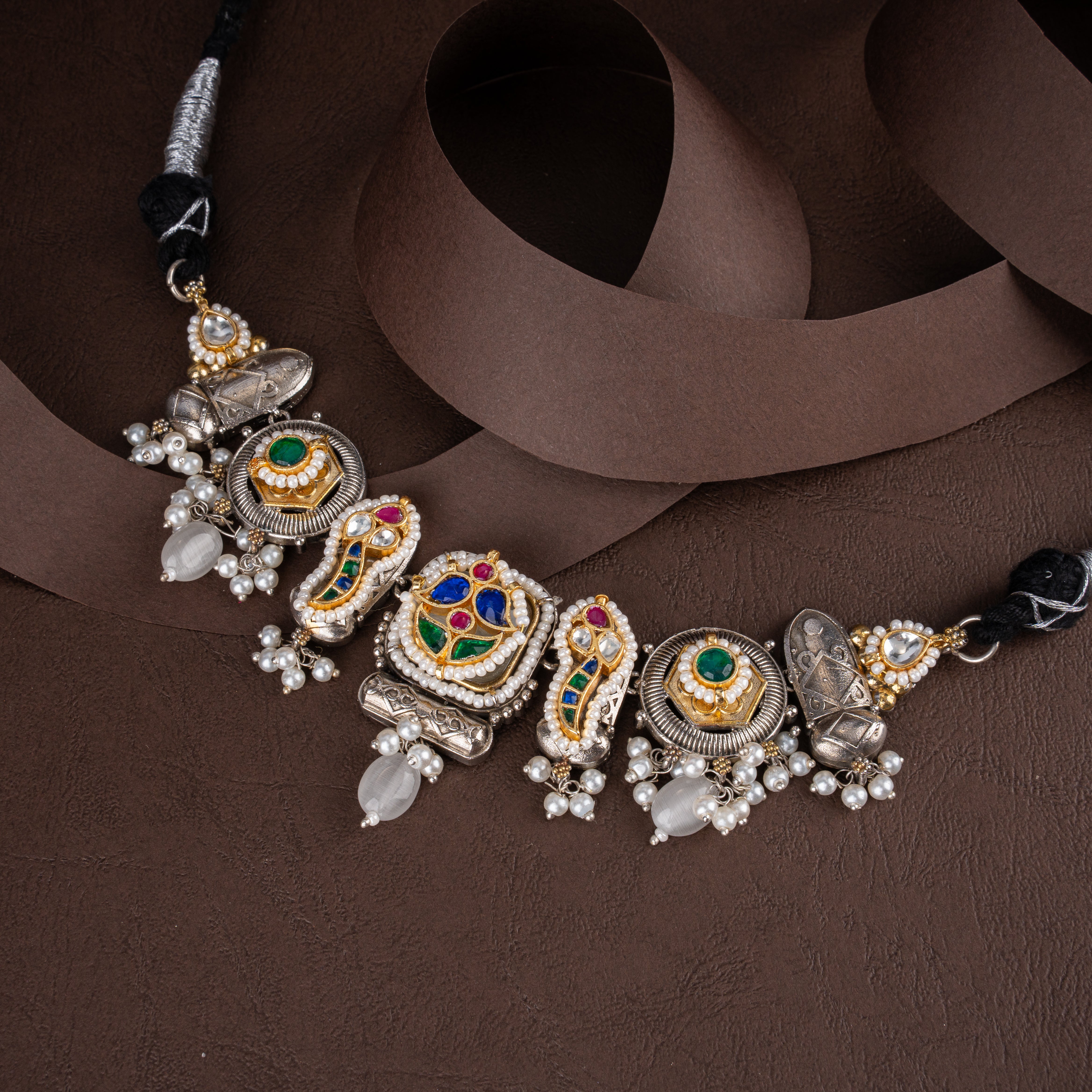 Dual-Tone Oxidised Silver Tribal Medallion Choker Necklace Set with Pearl Drops