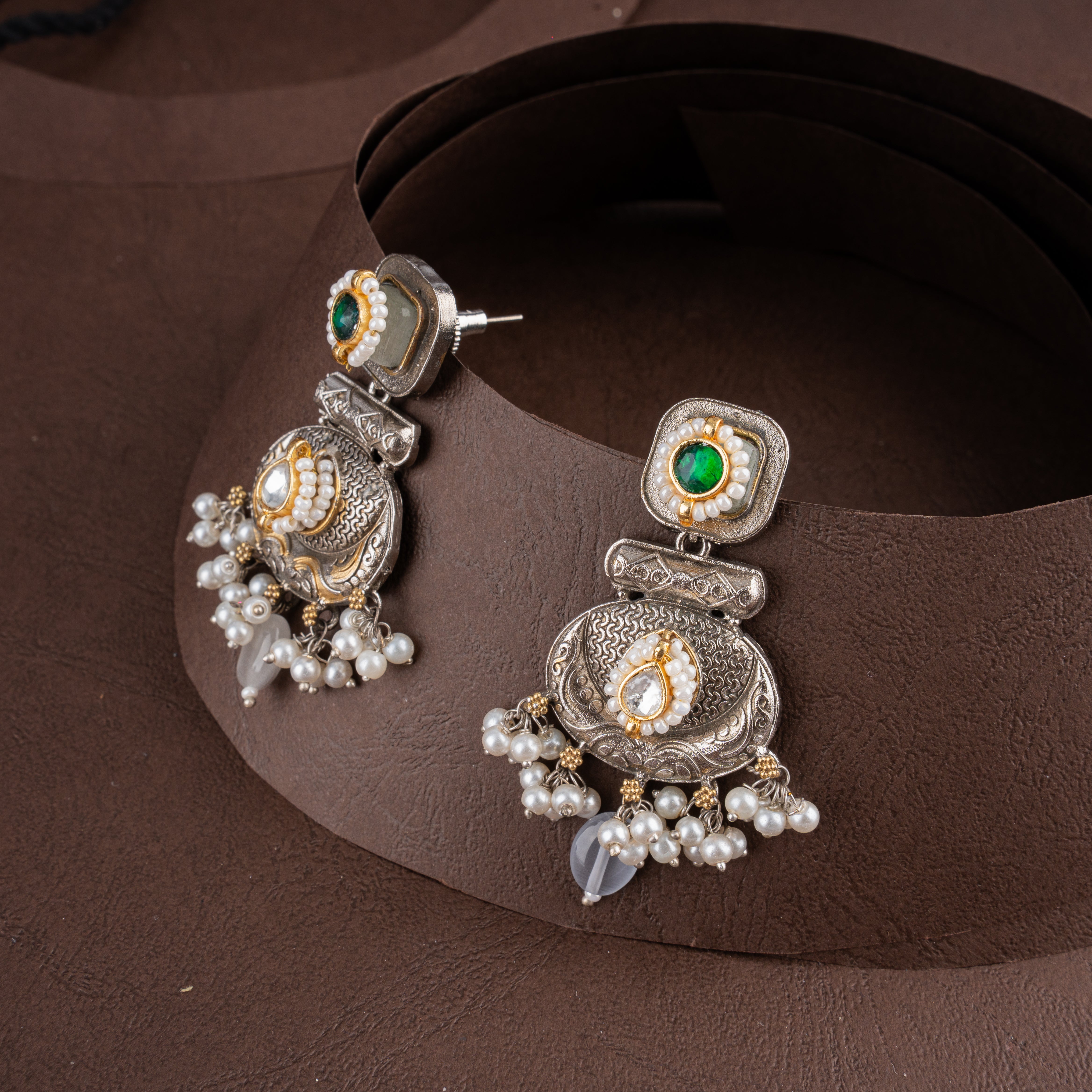 Dual-Tone Oxidised Silver Tribal Medallion Choker Necklace Set with Pearl Drops