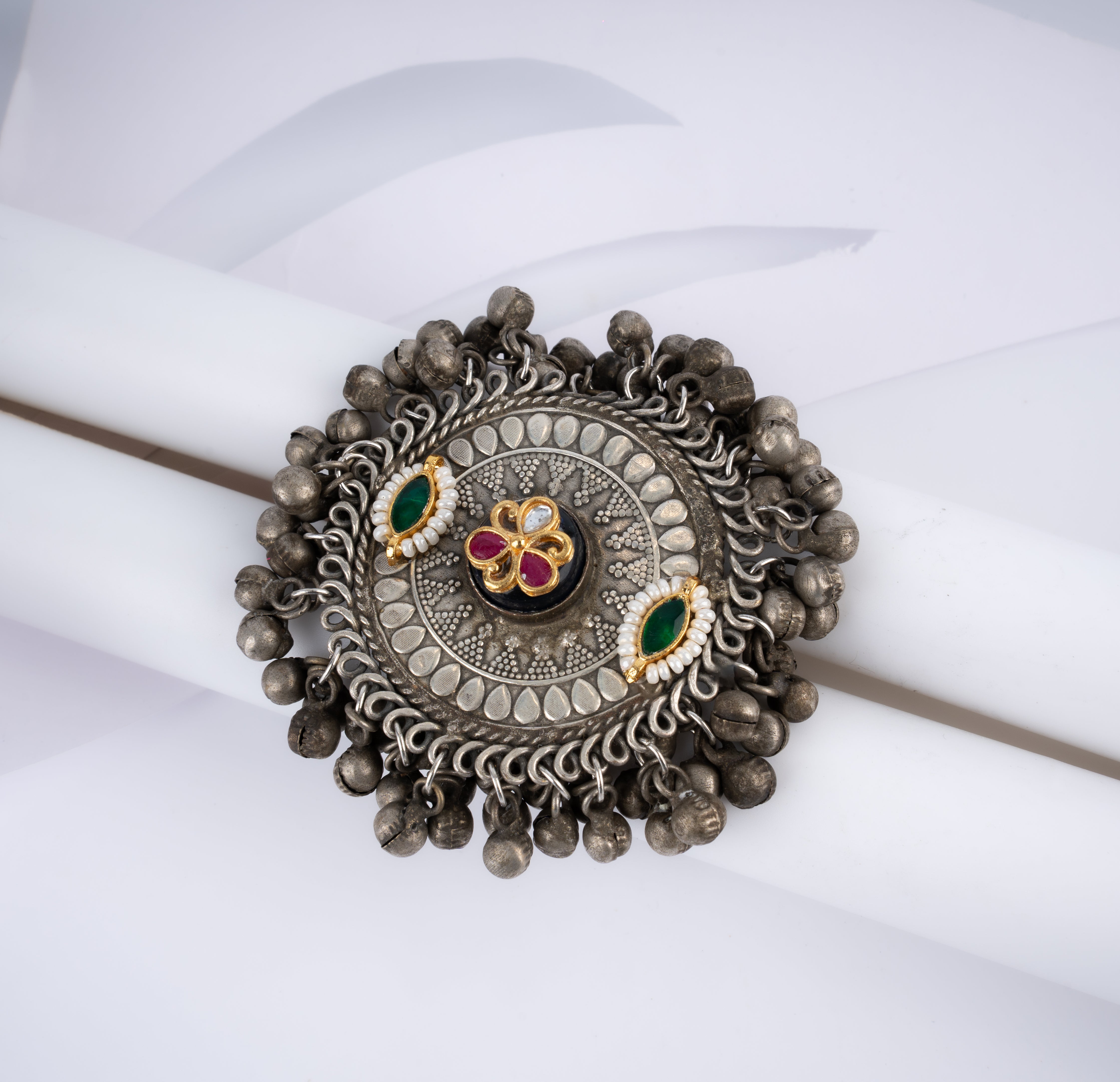 Dual Tone Oversized Mandala Kundan Ghungroo Statement Ring