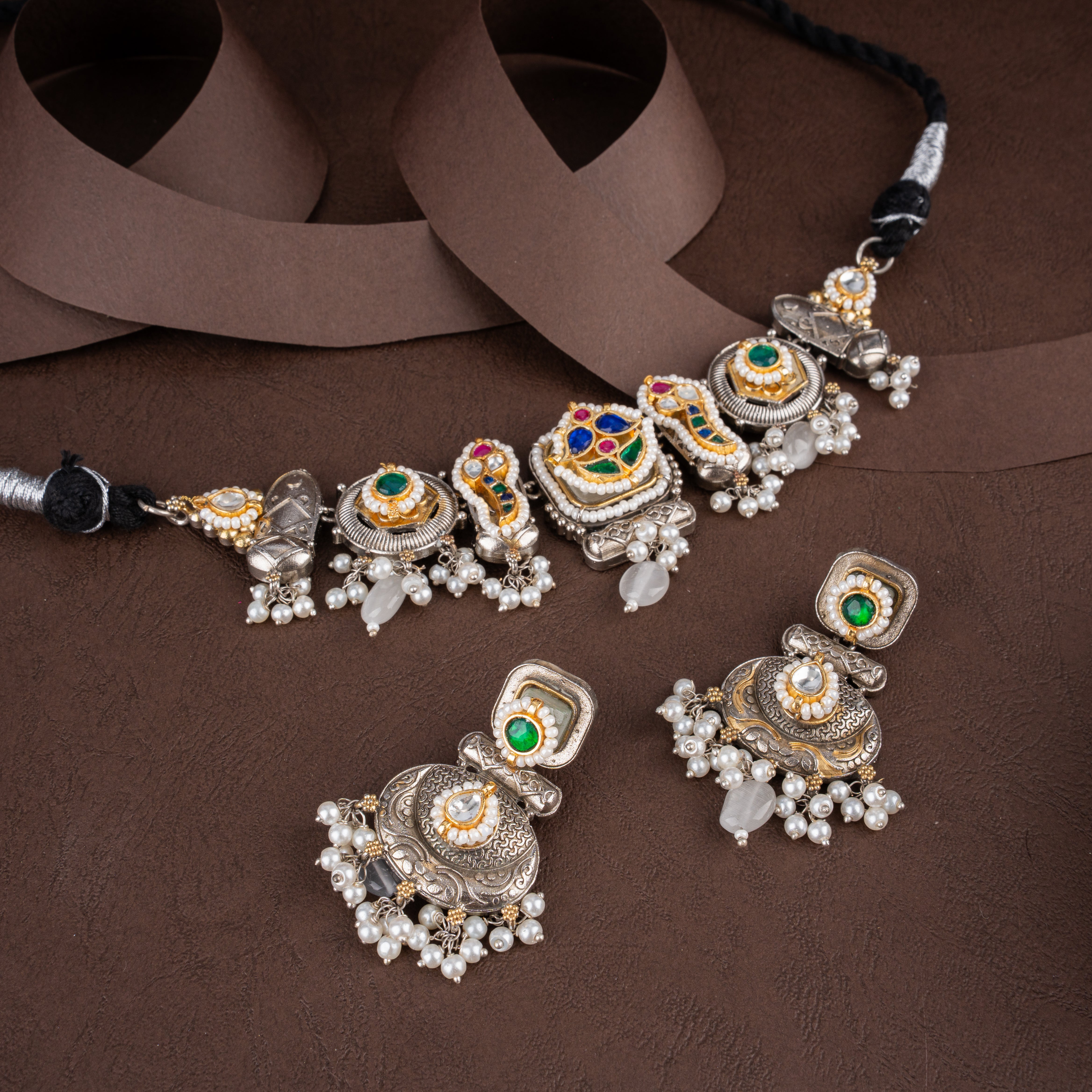 Dual-Tone Oxidised Silver Tribal Medallion Choker Necklace Set with Pearl Drops