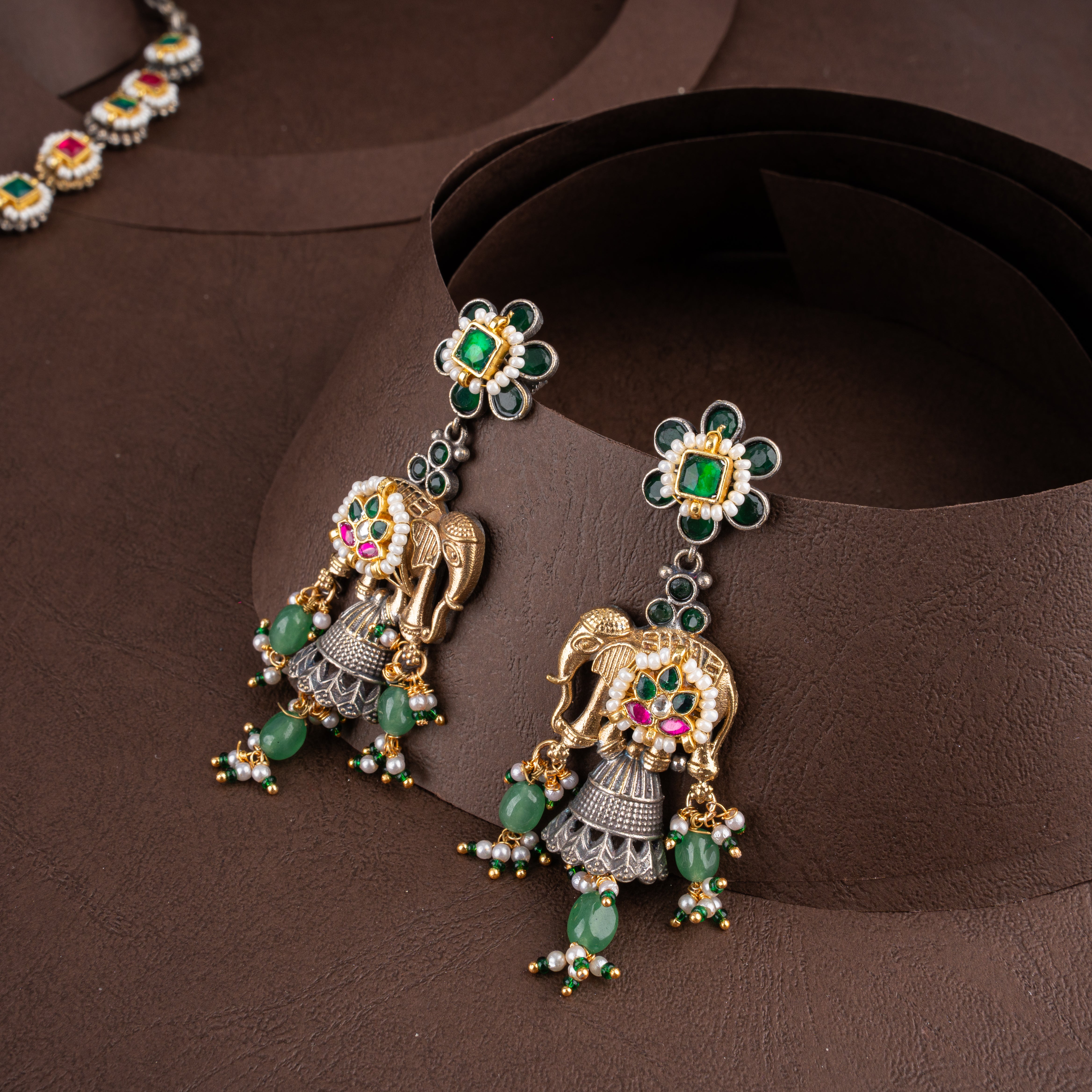 Oxidised Silver Elephant Temple Pendant Necklace Set with Bead Drops