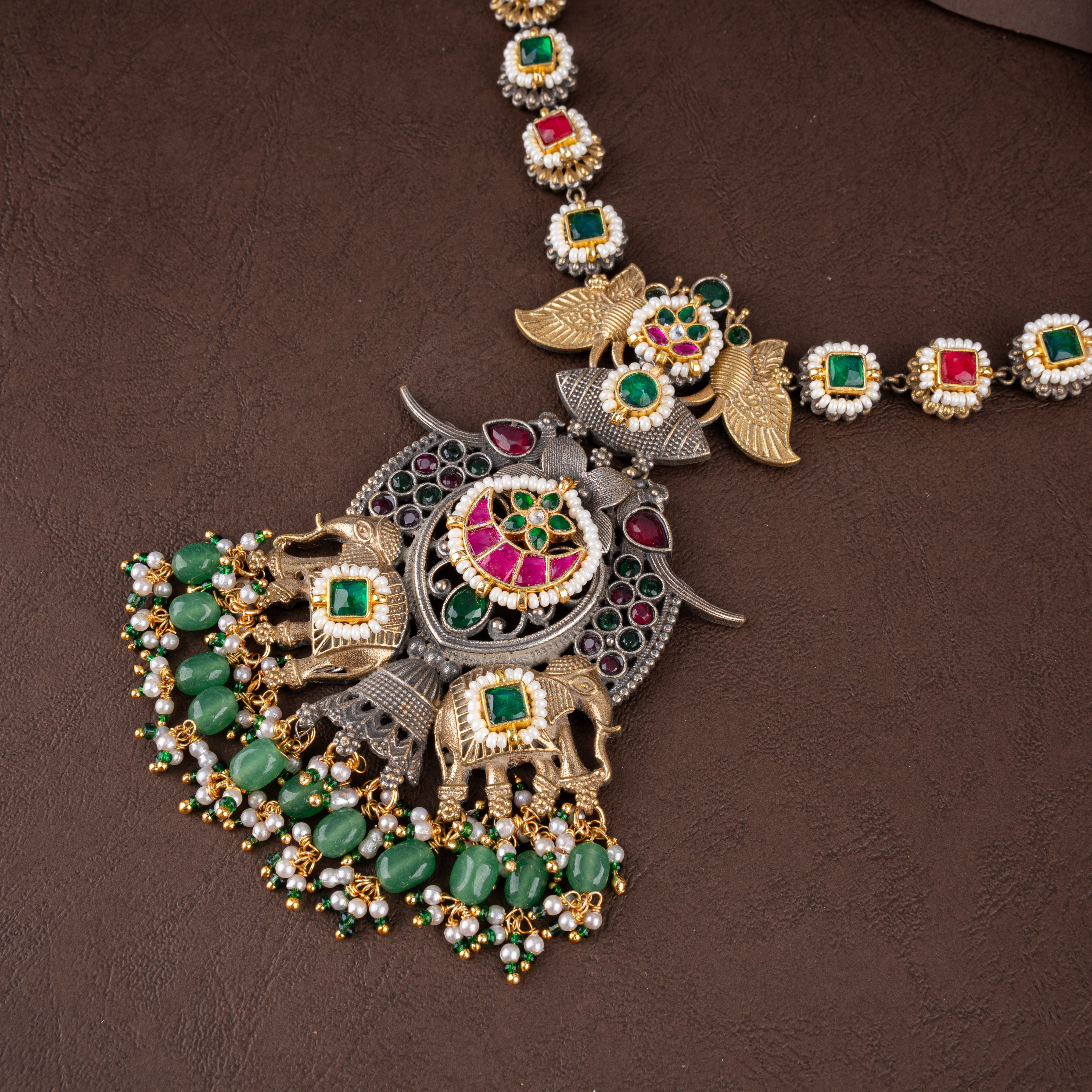 Oxidised Silver Elephant Temple Pendant Necklace Set with Bead Drops
