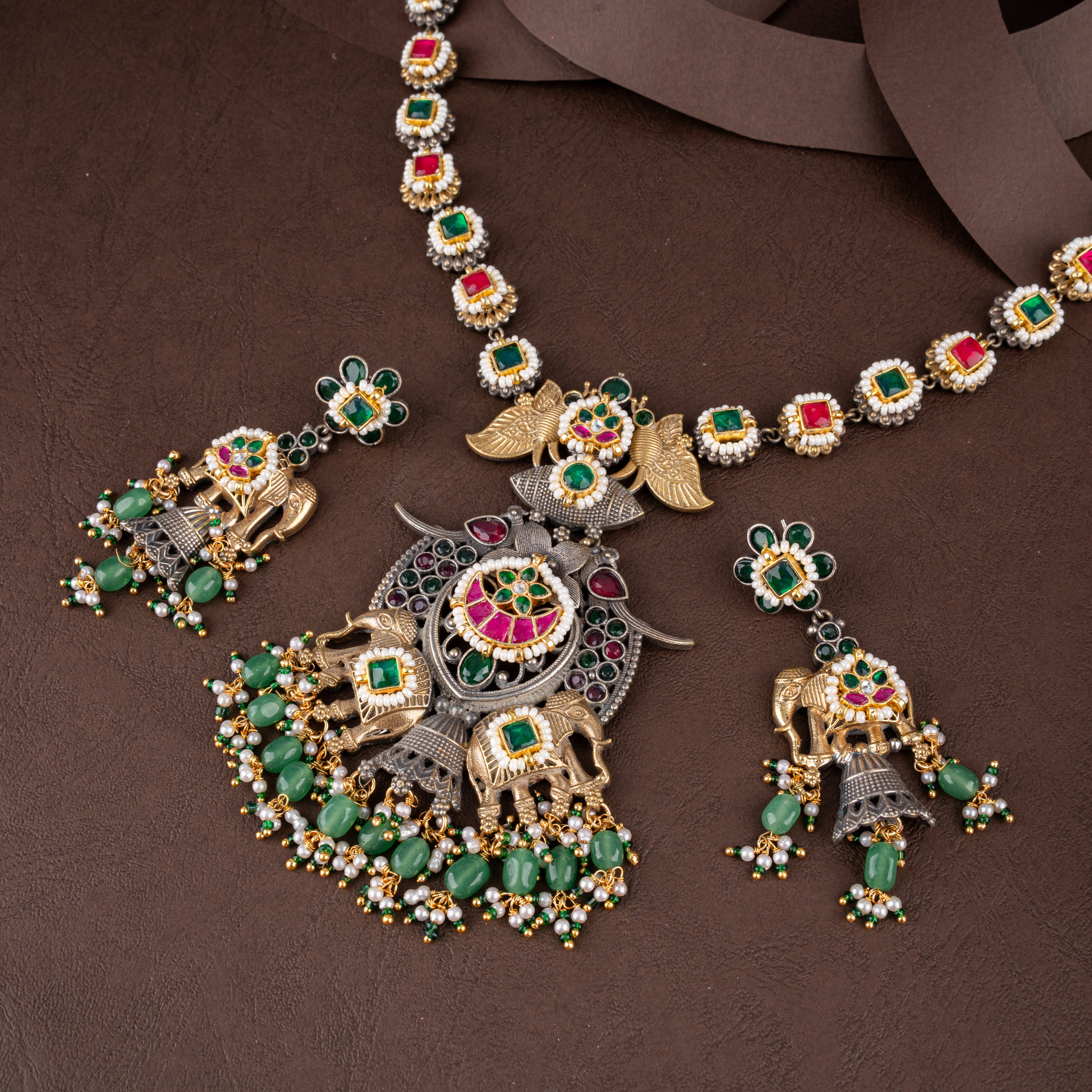 Oxidised Silver Elephant Temple Pendant Necklace Set with Bead Drops