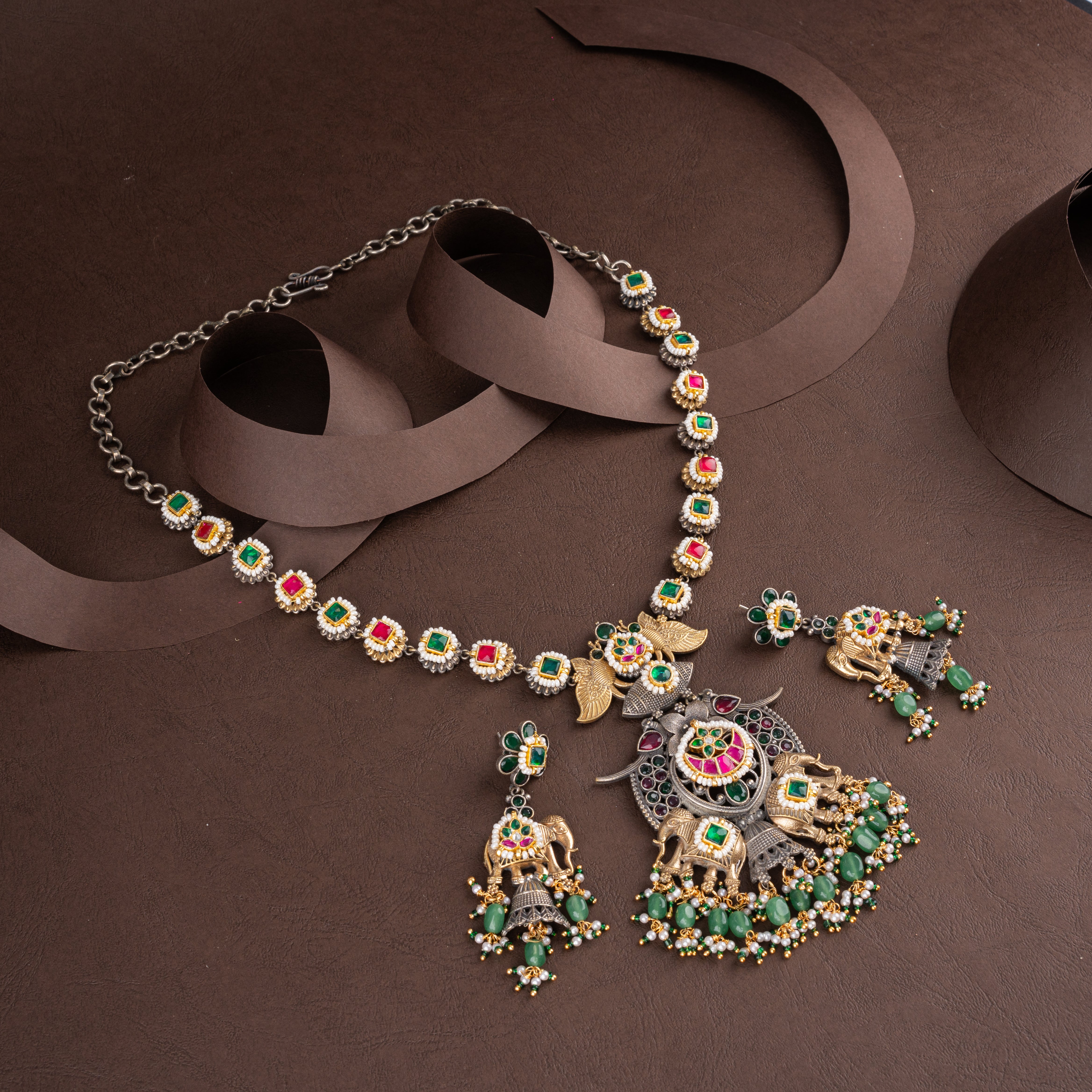 Oxidised Silver Elephant Temple Pendant Necklace Set with Bead Drops