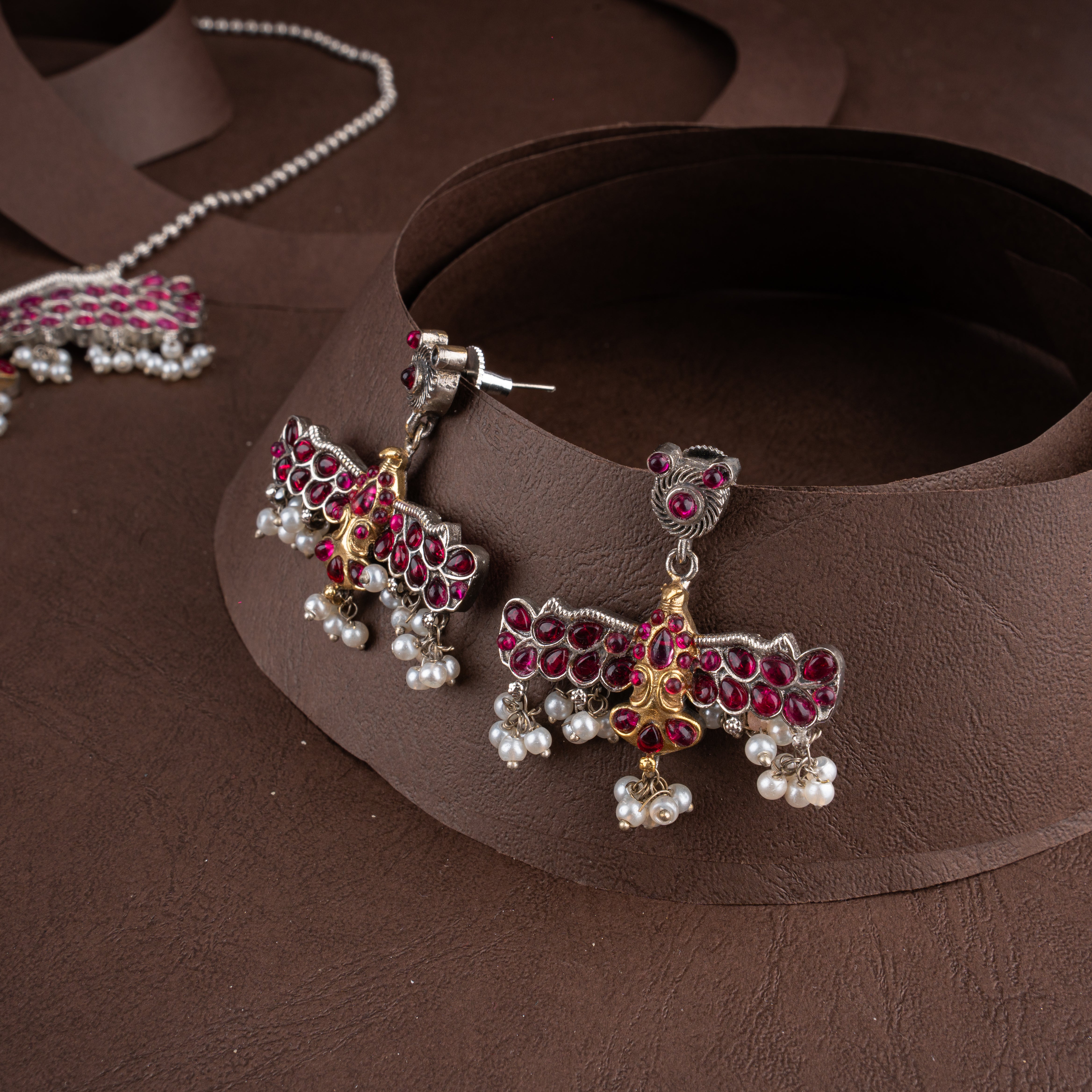 Dual-Tone Oxidised Silver Pendant Mala Necklace Set with Ruby Stones