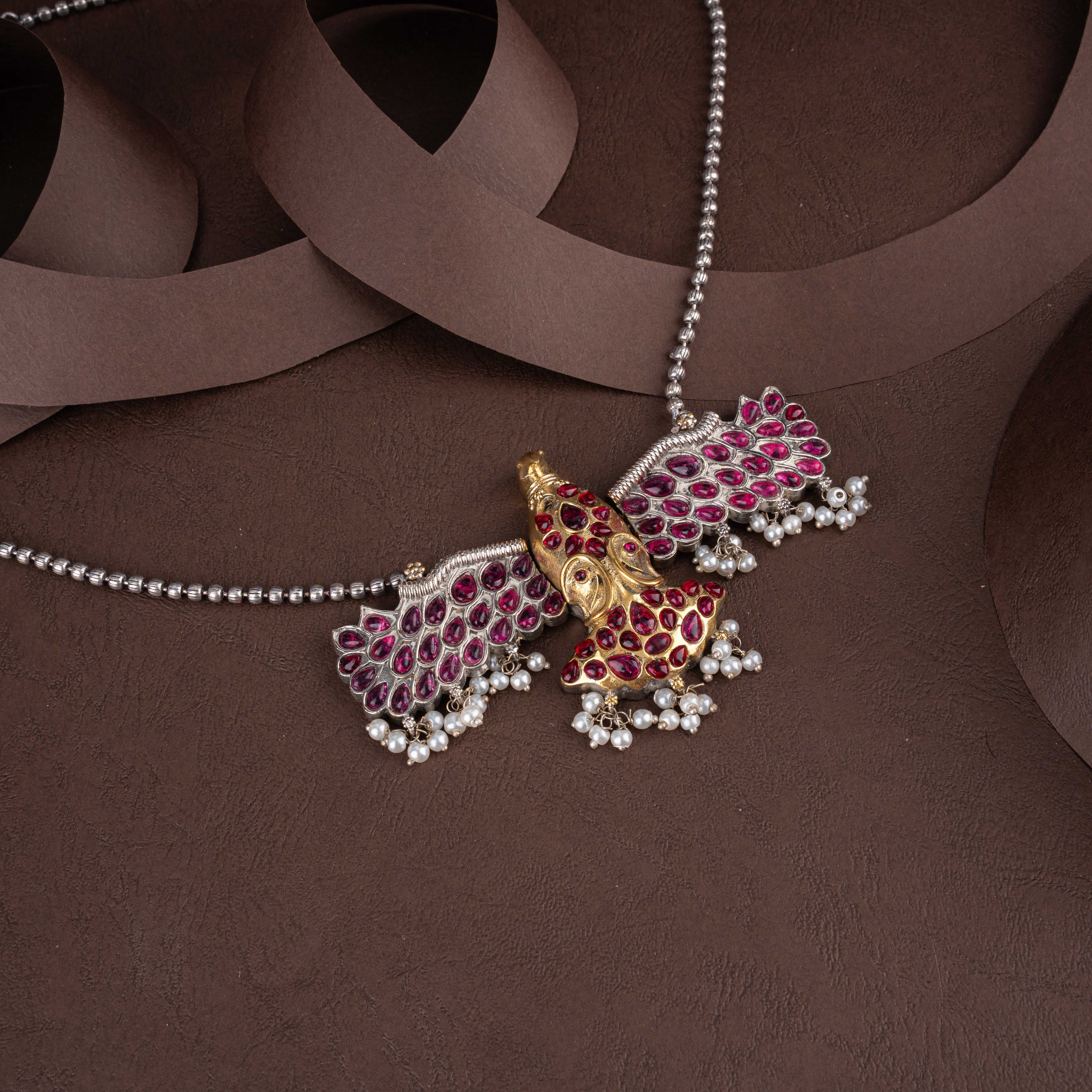 Dual-Tone Oxidised Silver Pendant Mala Necklace Set with Ruby Stones