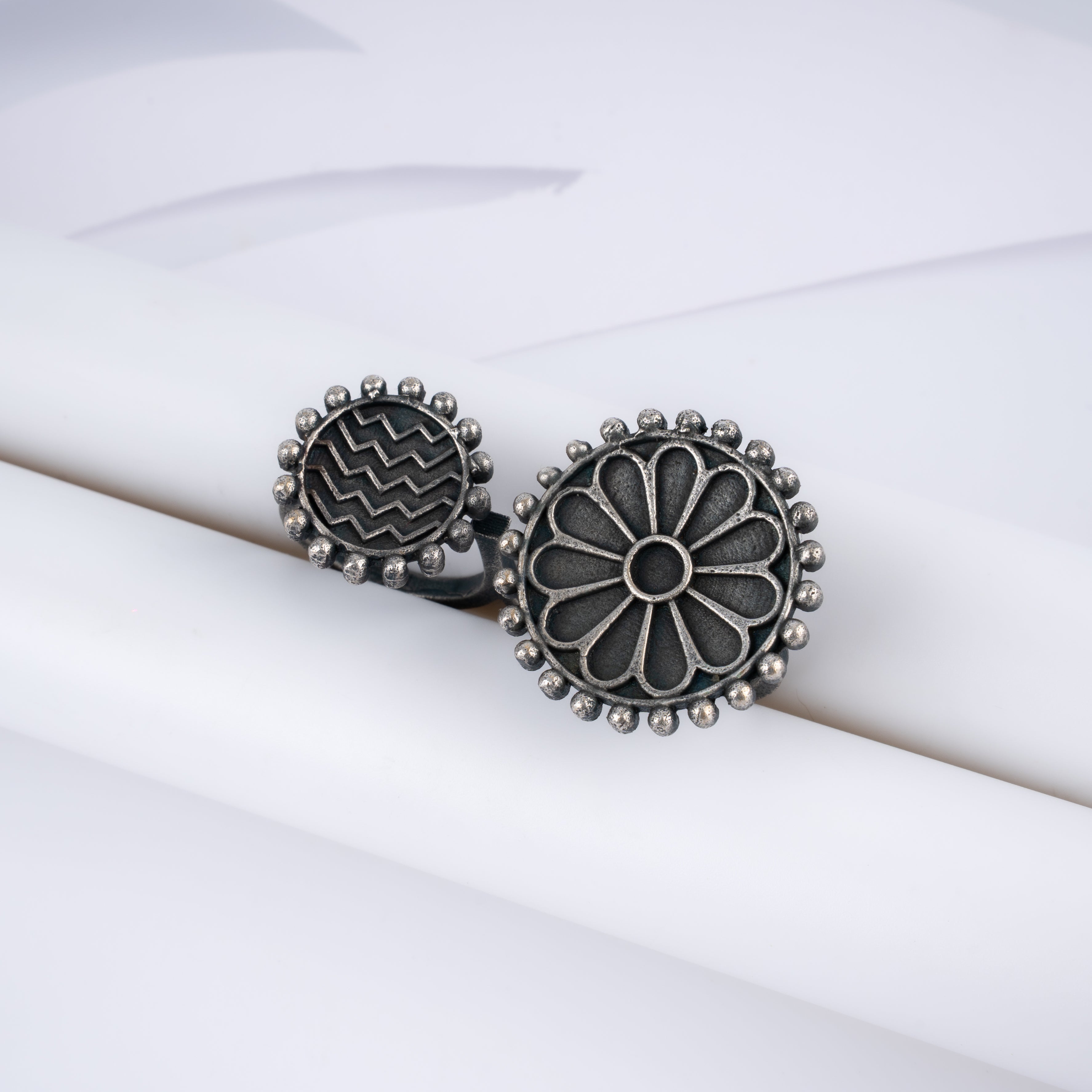 Oxidised Silver Floral Chevron Two Finger Statement Ring