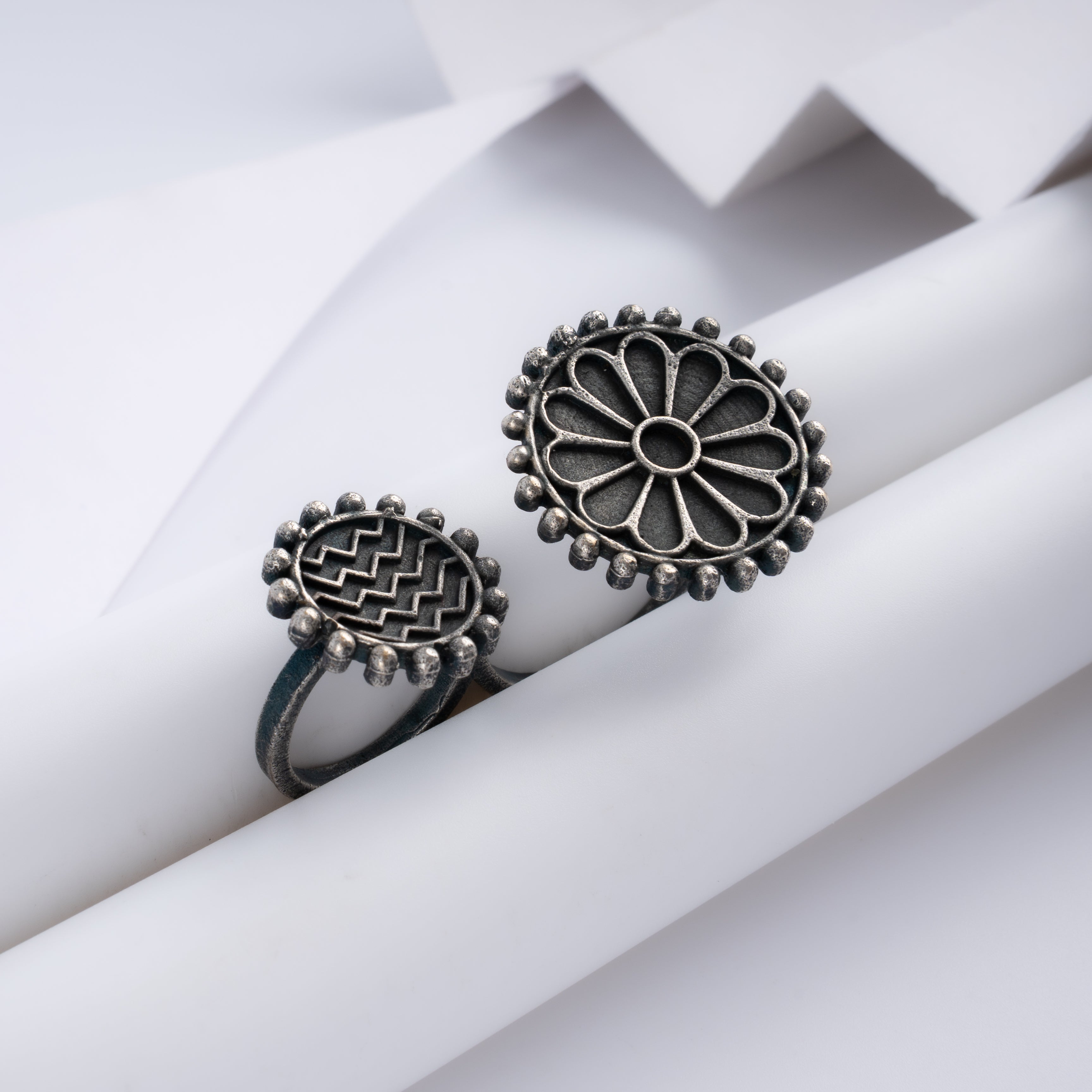 Oxidised Silver Floral Chevron Two Finger Statement Ring
