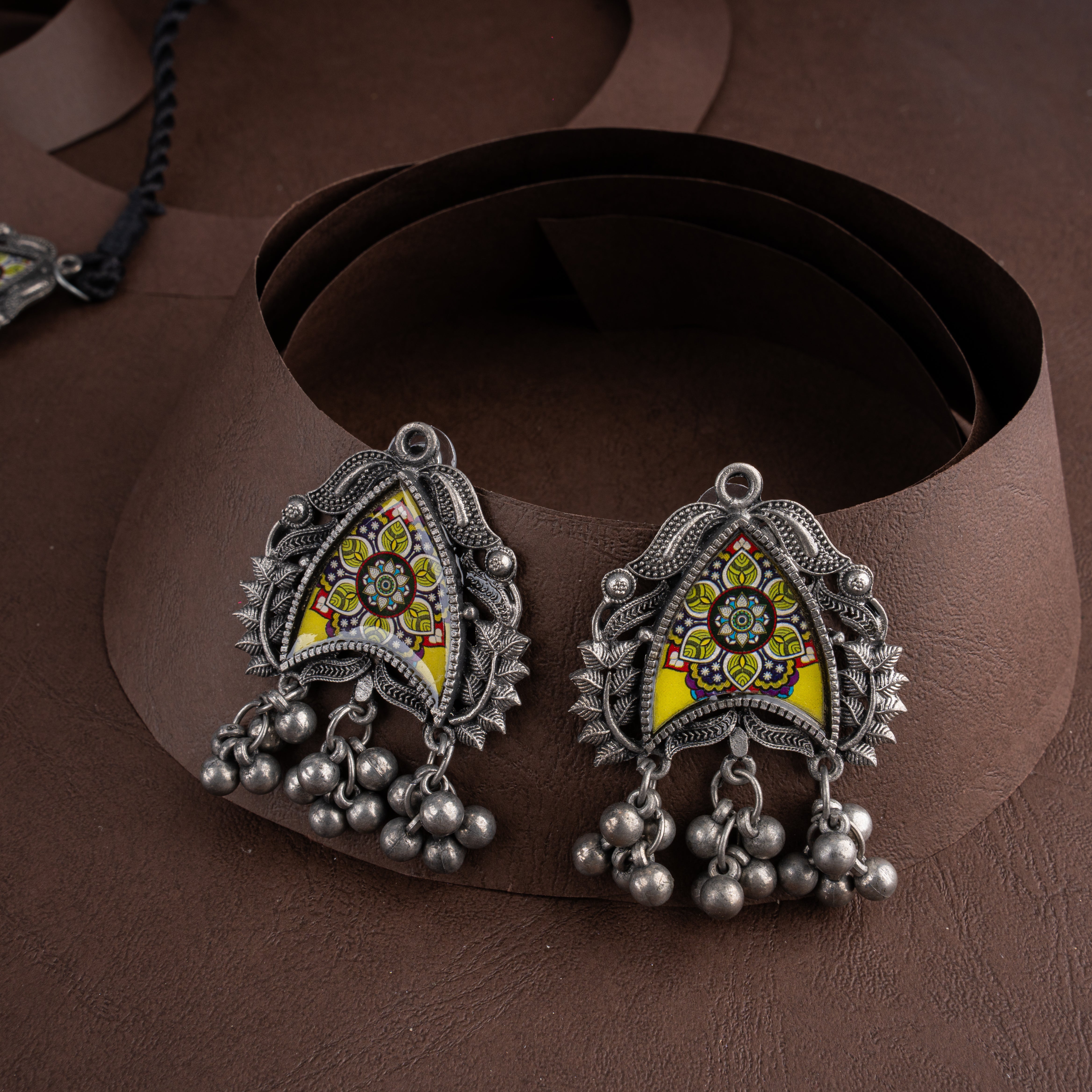 Oxidised Silver Hand-Painted Yellow Mandala Choker Necklace Set with Ghungroo
