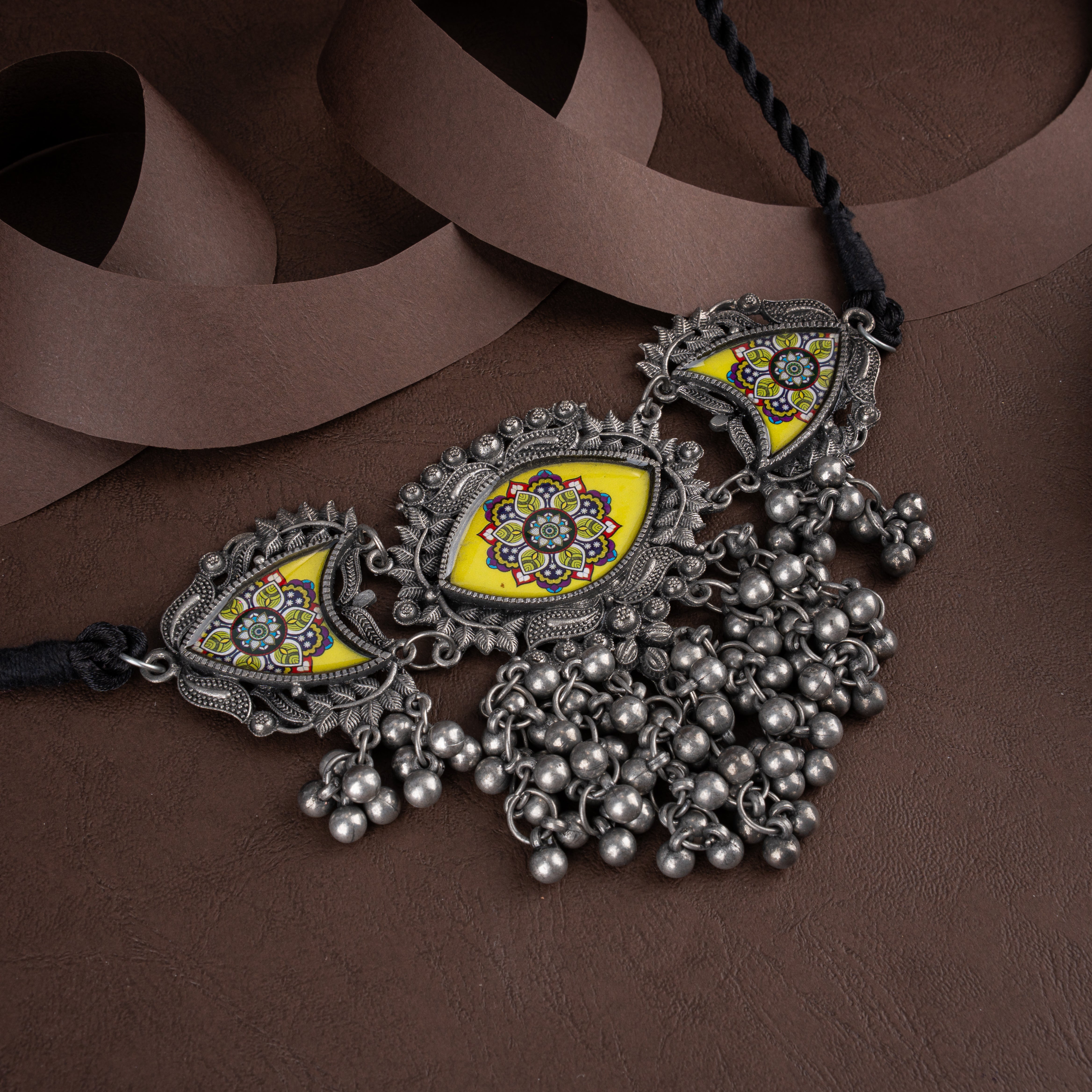 Oxidised Silver Hand-Painted Yellow Mandala Choker Necklace Set with Ghungroo