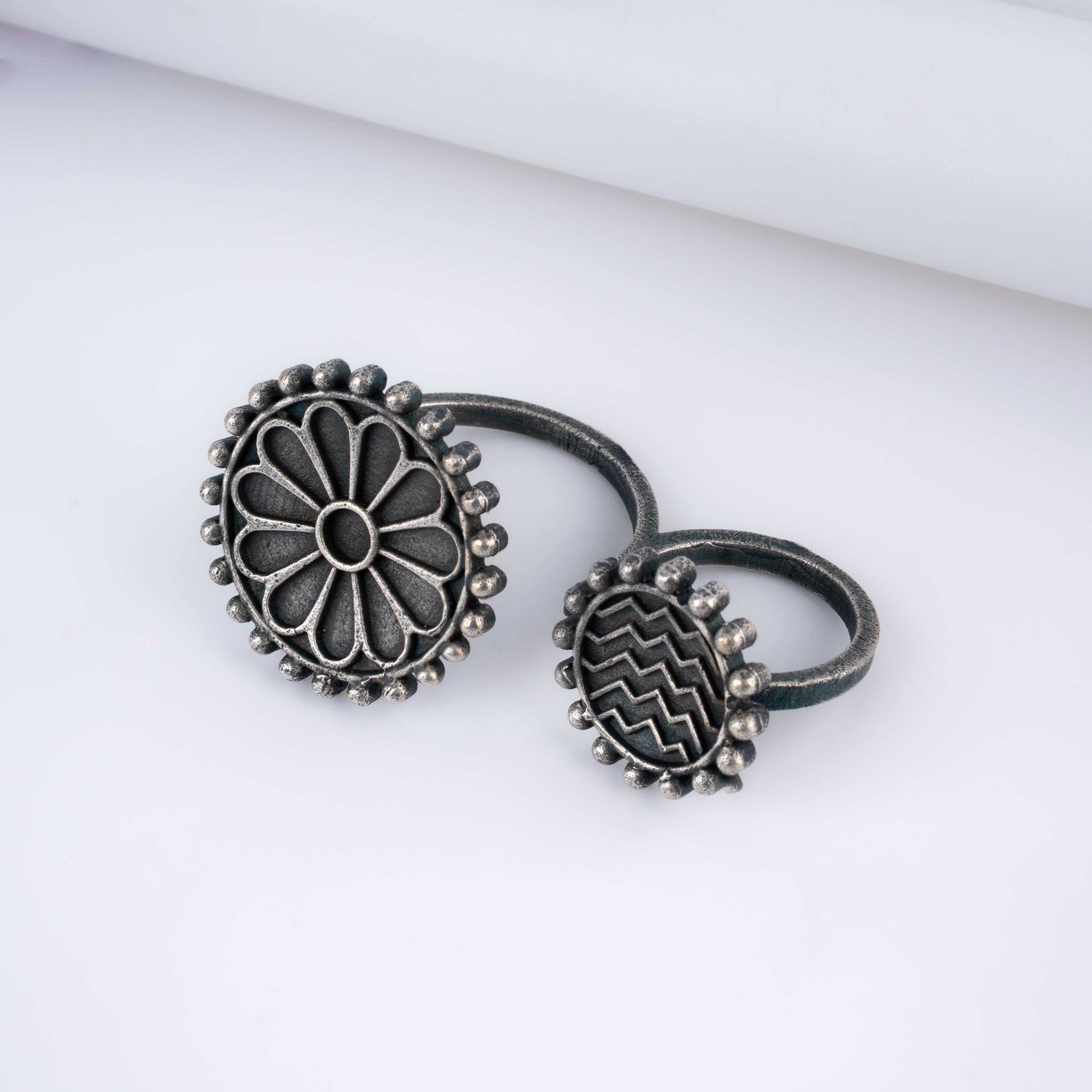 Oxidised Silver Floral Chevron Two Finger Statement Ring