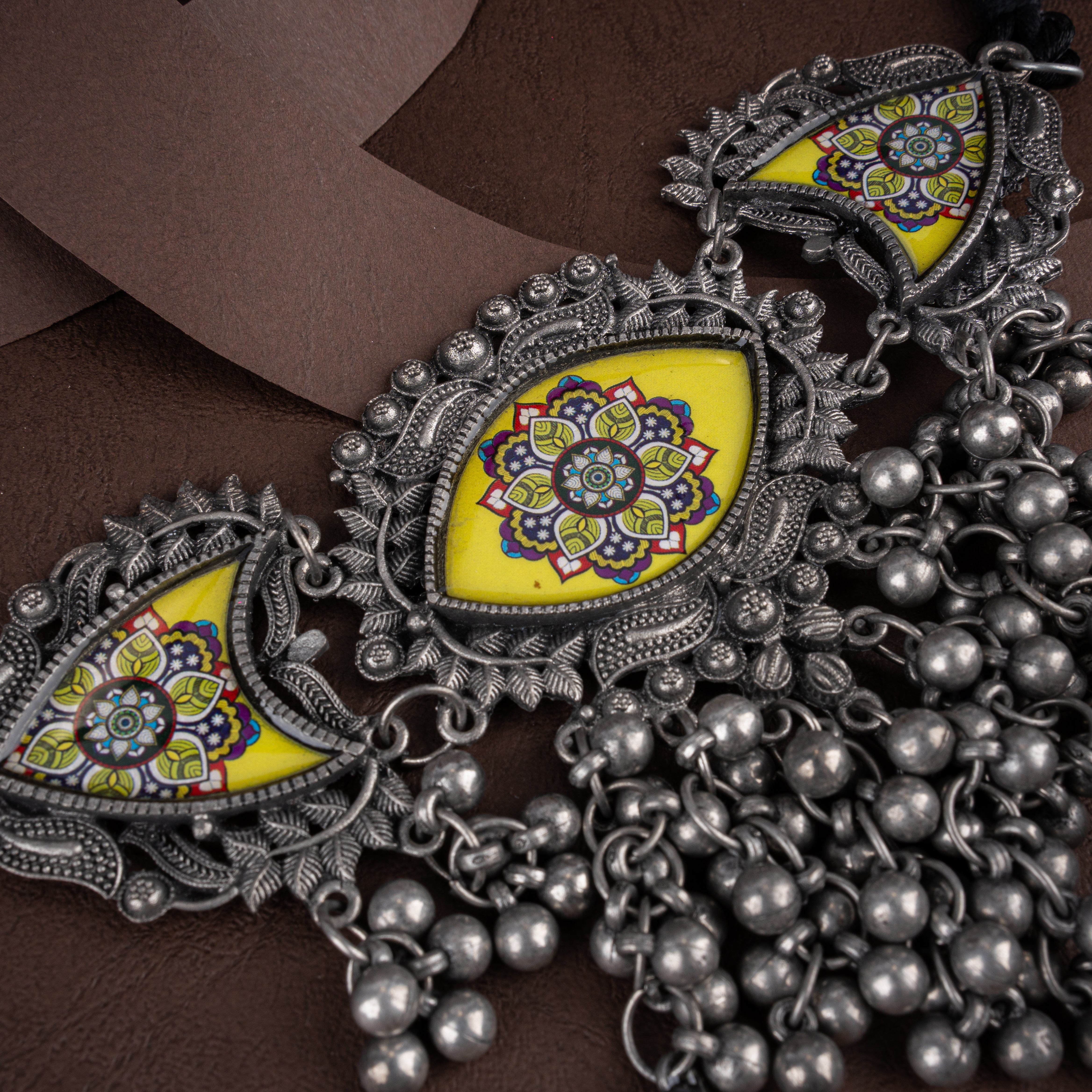 Oxidised Silver Hand-Painted Yellow Mandala Choker Necklace Set with Ghungroo