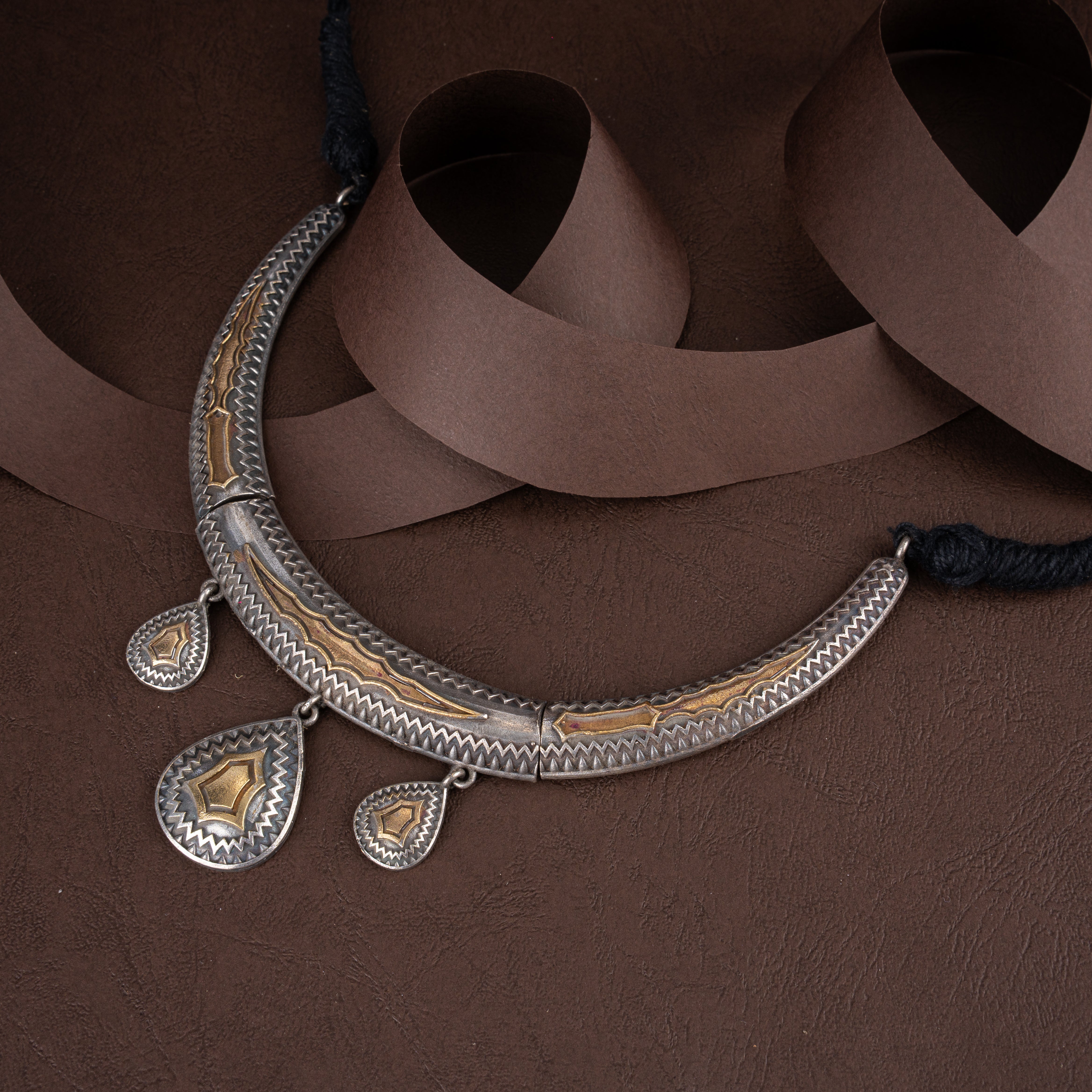 Dual-Tone Oxidised Silver Tribal Hasli Choker Necklace Set with Teardrop Charms