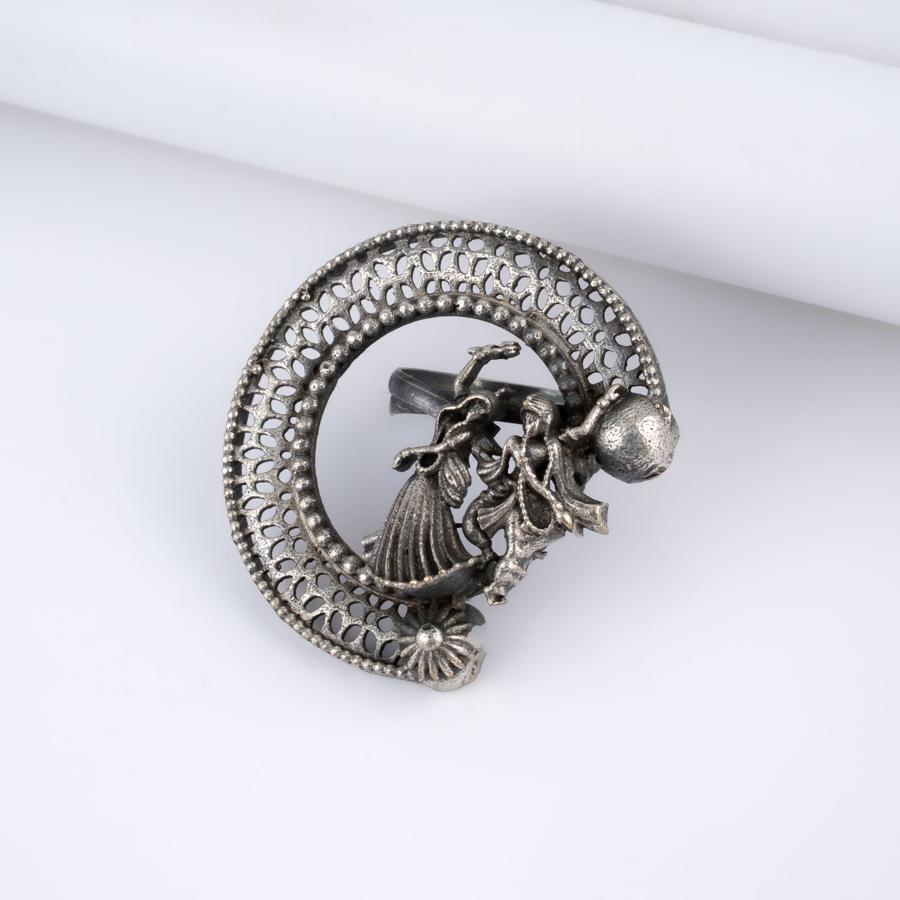 Oxidised Silver Radha Krishna Filigree Statement Ring