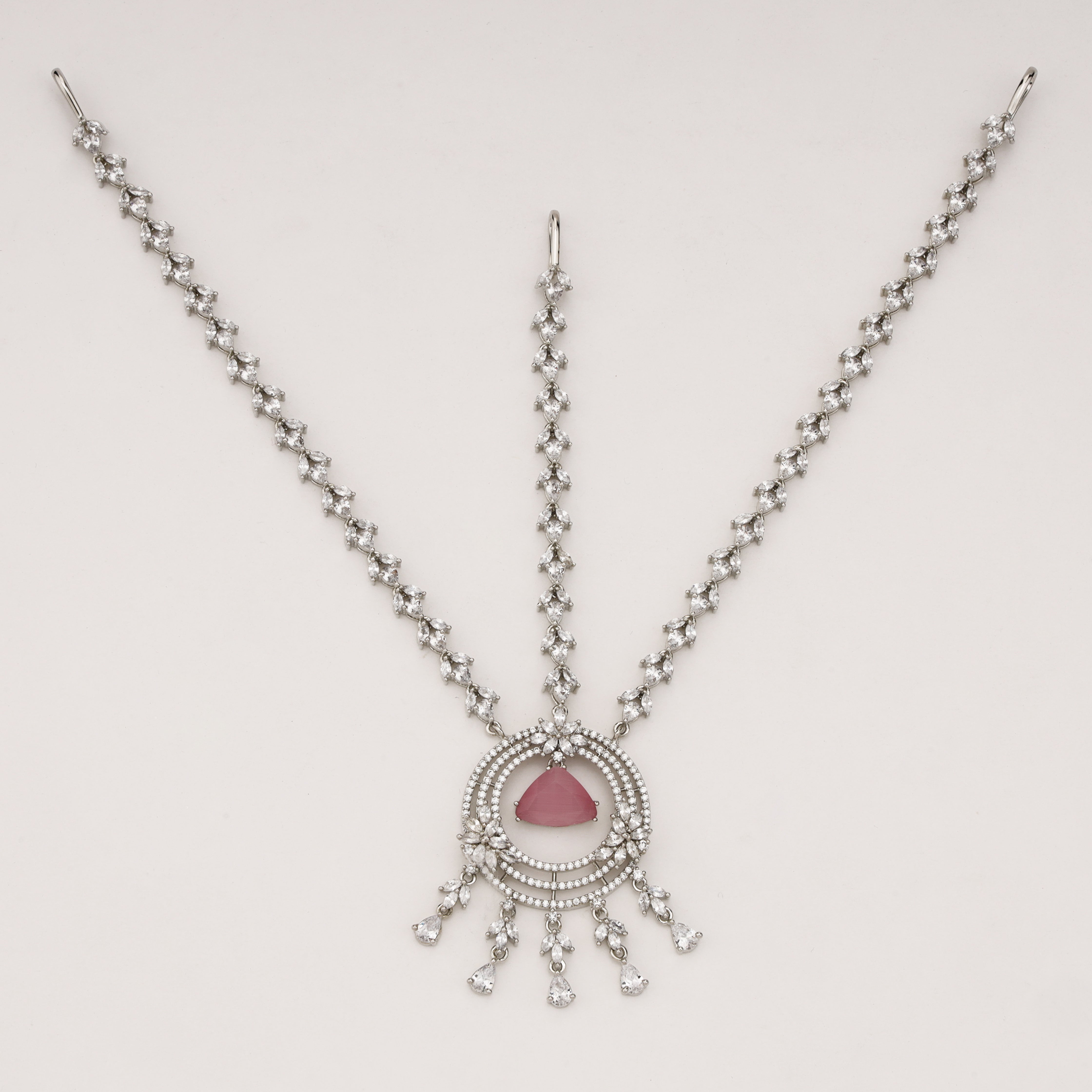 Silver Pink Stone Diamond Bridal Mathapatti