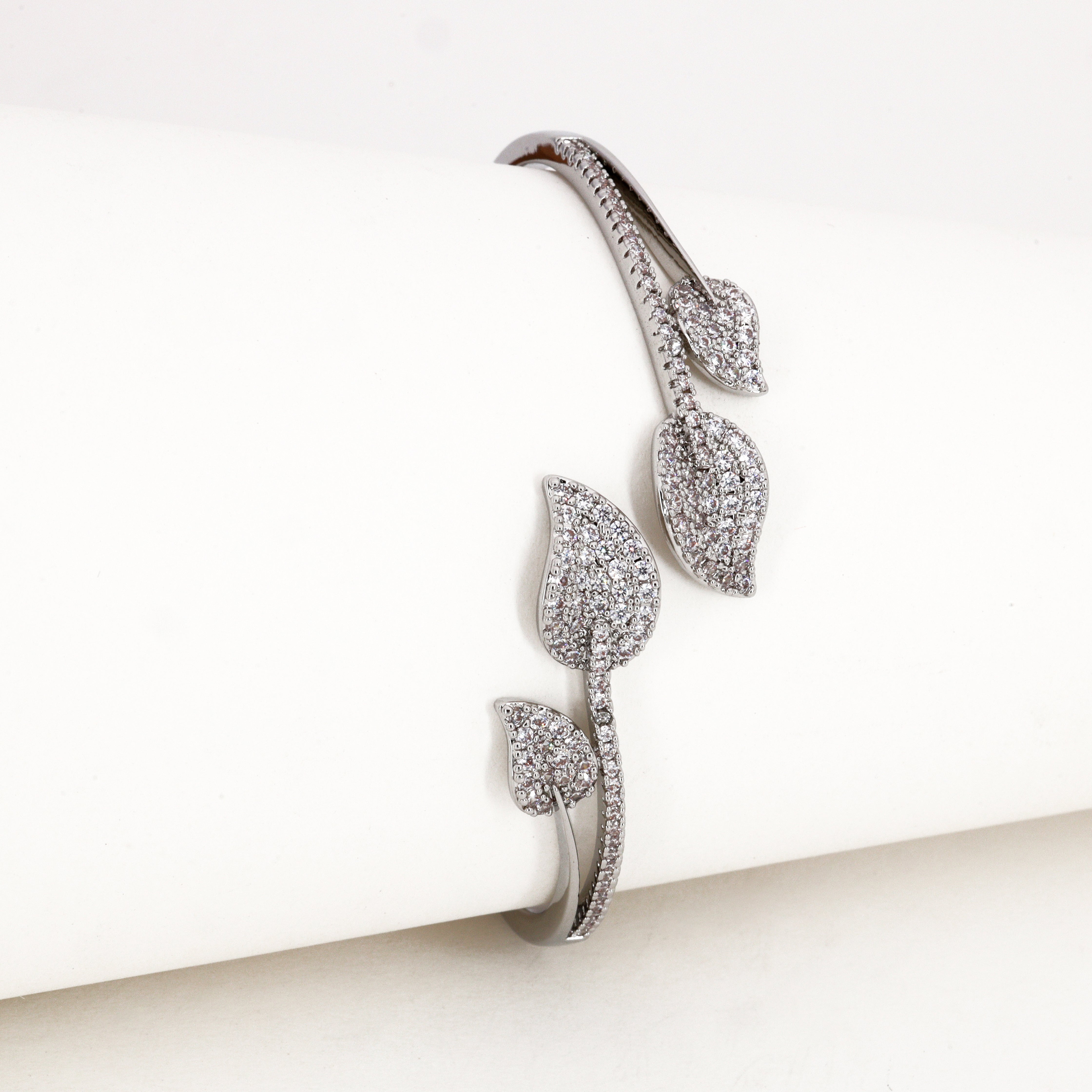 Silver Tone Crystal Leaf Bypass Bracelet